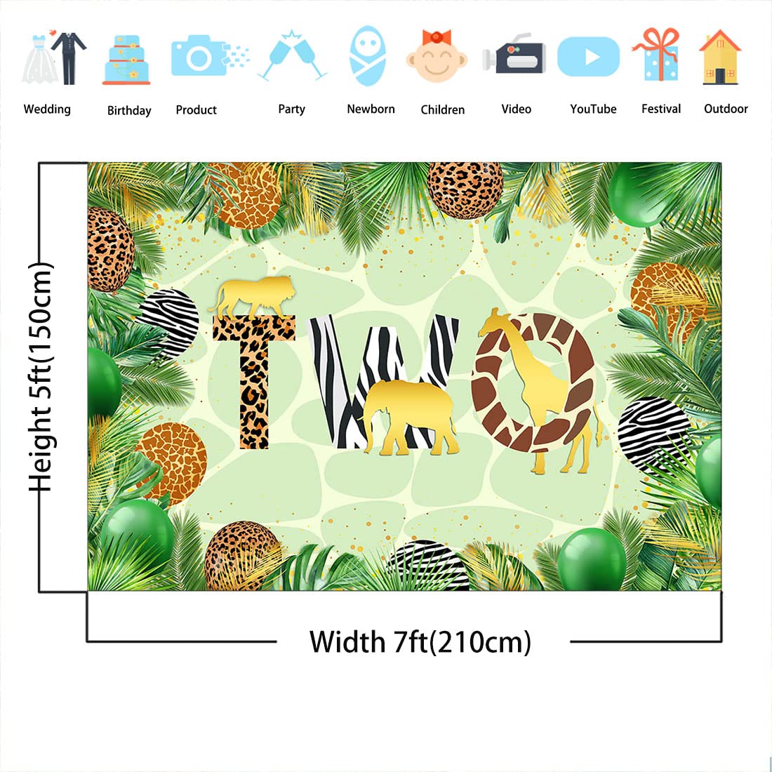 Avezano Safari Animal Birthday Backdrop - Jungle Themed 2nd Birthday Party Decorations Banner with Wild Animals - Perfect for Kids Birthday Party, Baby Shower, and Photo Booth Background
