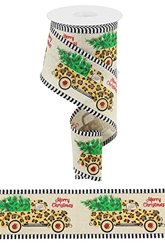 Craig Bachman Leopard Print Ribbon with Trees & Striped Wired Edge - 10 Yards (Light Natural, 2.5 Inch) - Floral Arrangement, Gift Wrapping, DIY Crafts, Wedding Decor & Home Decoration Ribbon