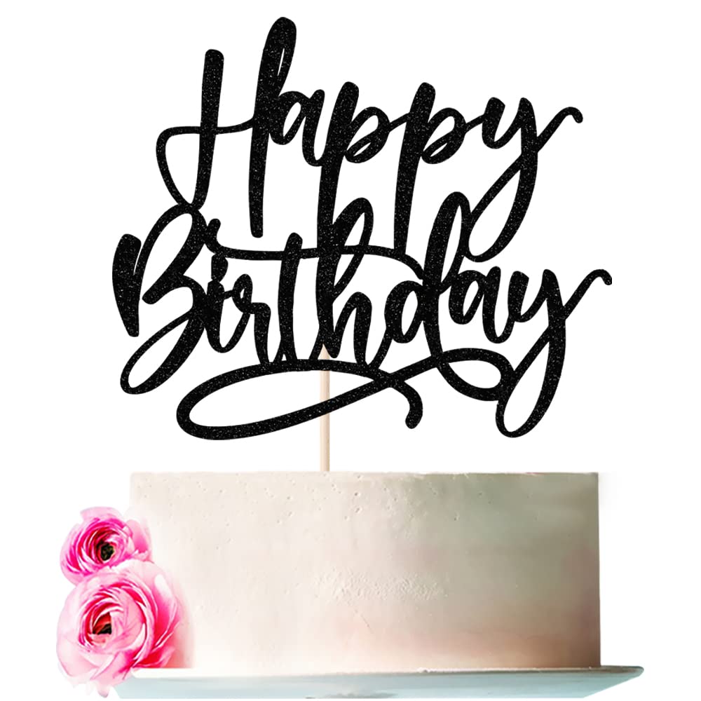 Sparkly Black Happy Birthday Cake Topper - Elegant Anniversary & Party Decoration Supplies for Birthdays, Weddings, Baby Showers & Special Celebrations