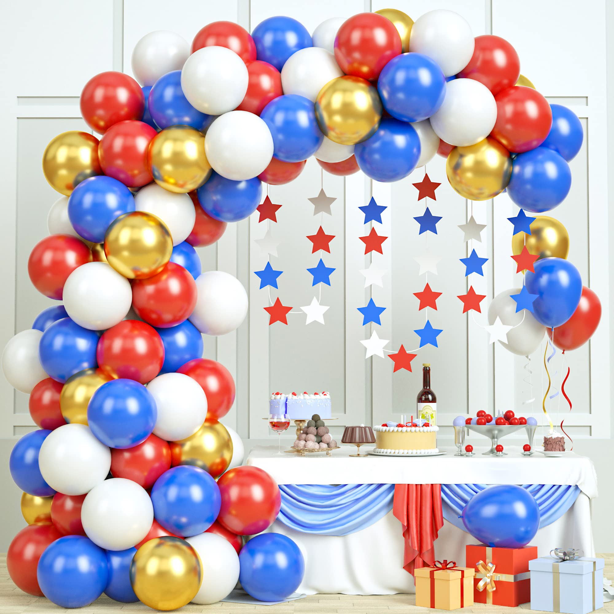 Superhero Balloon Garland Arch Kit - Red White Blue Gold Latex Balloons for 4th of July Party, Nautical Theme, Baseball Birthday, Baby Shower Decorations with Star Paper Garland Banner | Perfect for Patriotic Celebrations, Kids Parties, and Themed Events