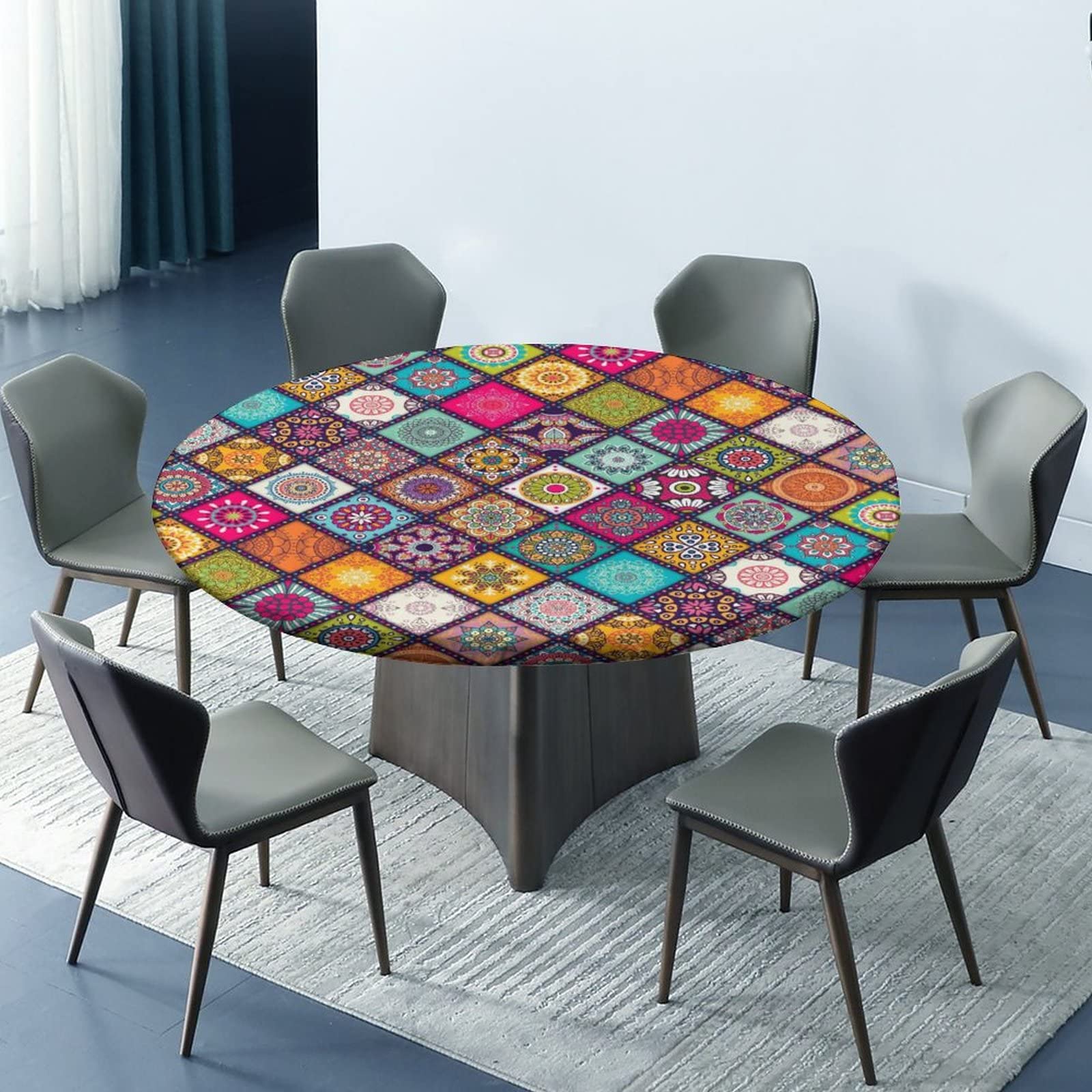 SongYi Boho Fitted Round Tablecloth - Elastic Edge Waterproof Table Cover for 52