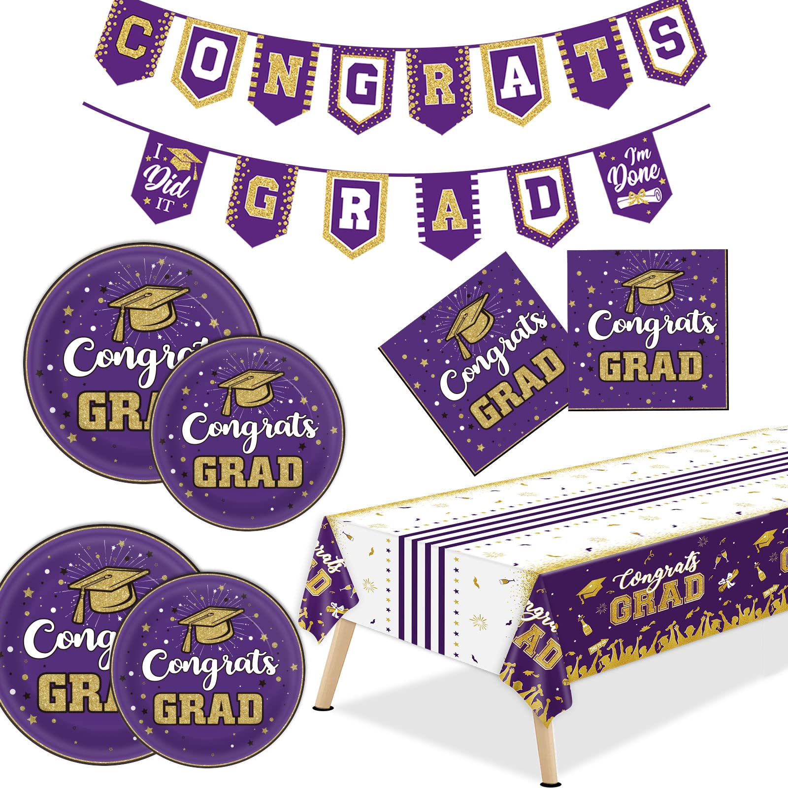 2023 Graduation Party Supplies Kit - Purple & Gold Tableware Set for 24 Guests with Congrats Banner, Plates, Tablecloth, Napkins | Perfect for High School & College Graduation Celebrations, Commencement Decorations & Graduate Parties