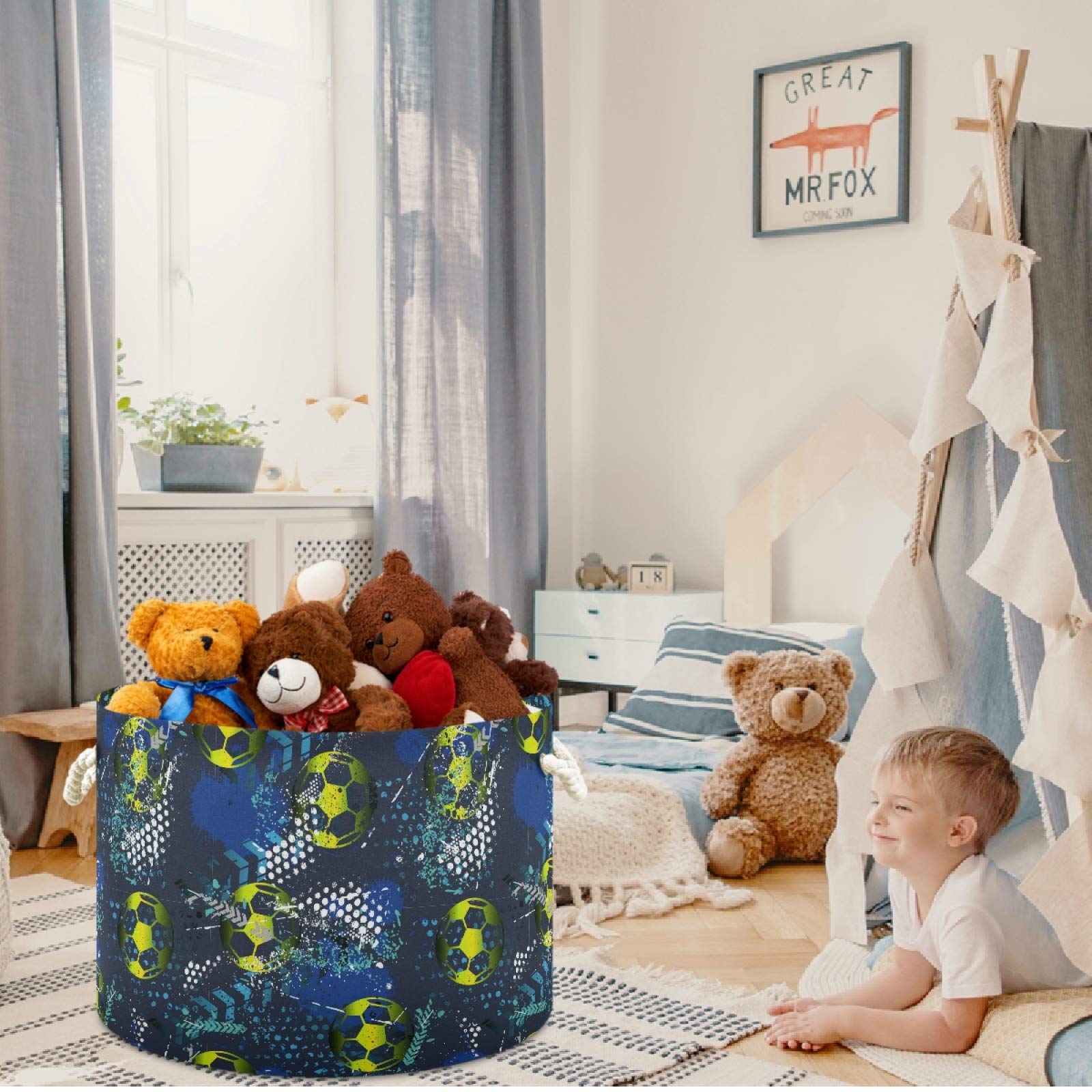 Visesunny Abstract Football Storage Basket - Waterproof Canvas Fabric Toy Organizer Bin, Nursery Hamper & Laundry Basket for Kids Room, Playroom, Shelves - Perfect for Toy Storage, Gift Giving & Home Organization