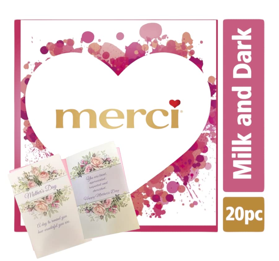 Merci Mother's Day Chocolate Gift Set with Elegant Greeting Card - 20pc Heart Box (8.8oz Assorted Chocolates + Floral Card) - Perfect for Mom's Birthday, Anniversary & Thank You Gifts