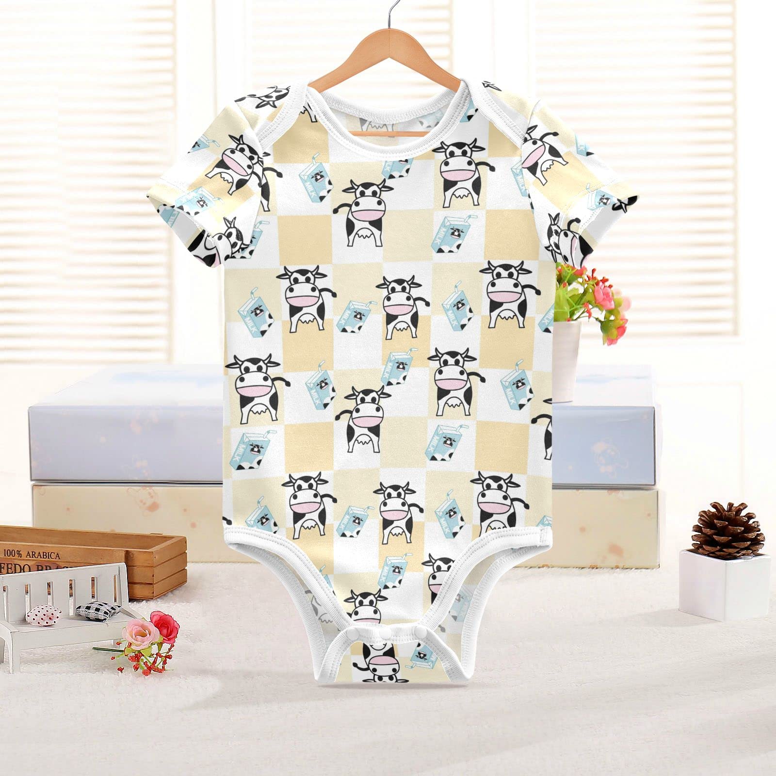 Adorable Cow Print Milk Box Baby Short Sleeve Bodysuit - Unisex Infant Romper Outfit for Boys & Girls (3-6 Months) | Perfect for Playtime, Photo Shoots & Everyday Wear