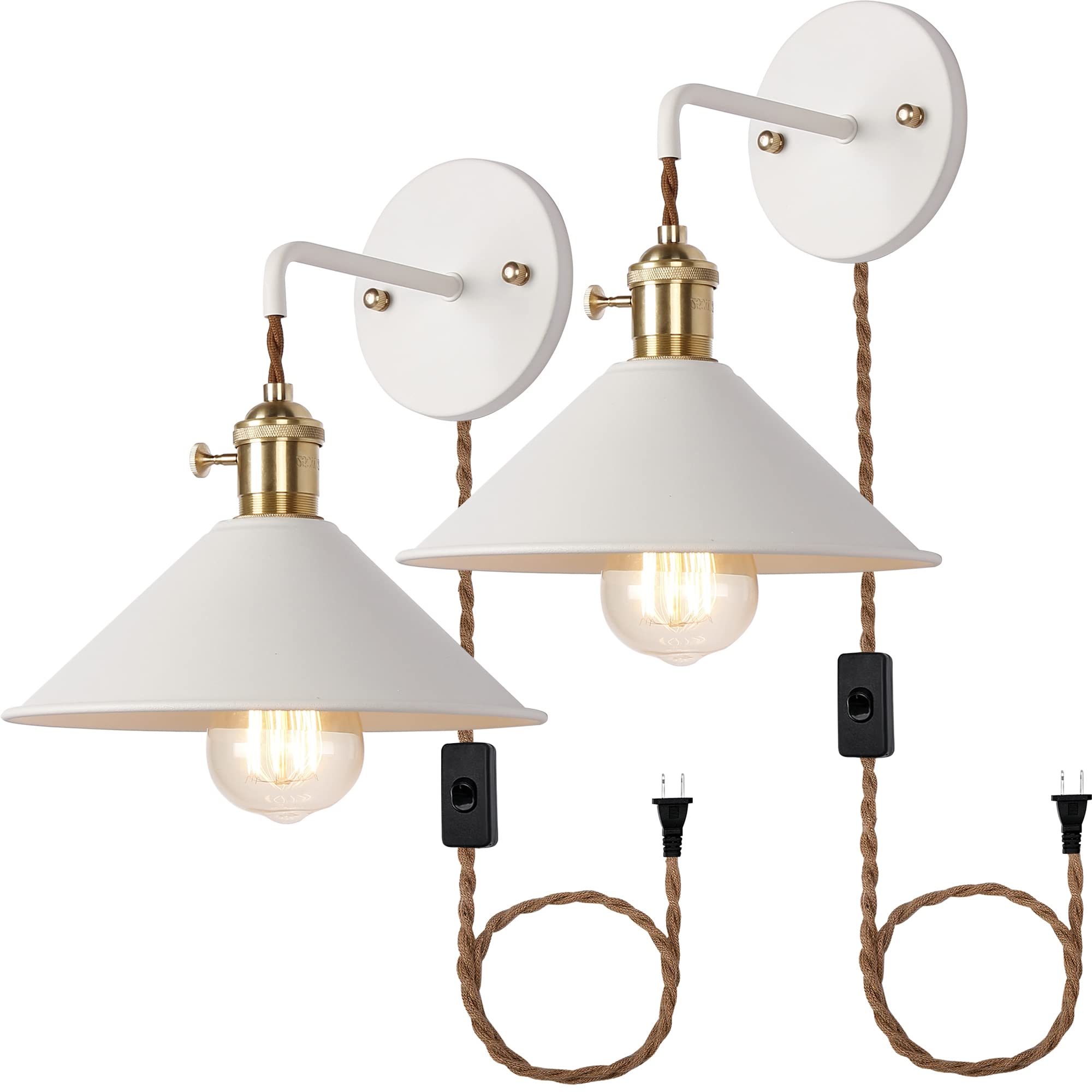White Plug-in Wall Sconces Set of 2 - Modern Bedroom Wall Lights with E26 Edison Brass Lamp Holder & Frosted Glass Shade - Plug-in Cord Included - Perfect for Bedroom, Living Room, or Hallway Lighting