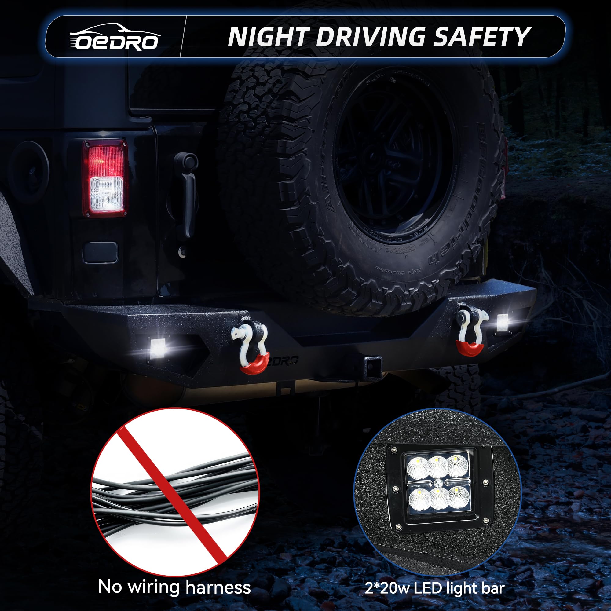 OEDRO Heavy Duty Rear Bumper for 2007-2018 Jeep Wrangler JK Unlimited - Rock Crawler Bumper with Hitch Receiver & 2X LED Lights, Off-Road Textured Black - Perfect for Off-Roading, Rock Crawling & Adventure Trail Riding