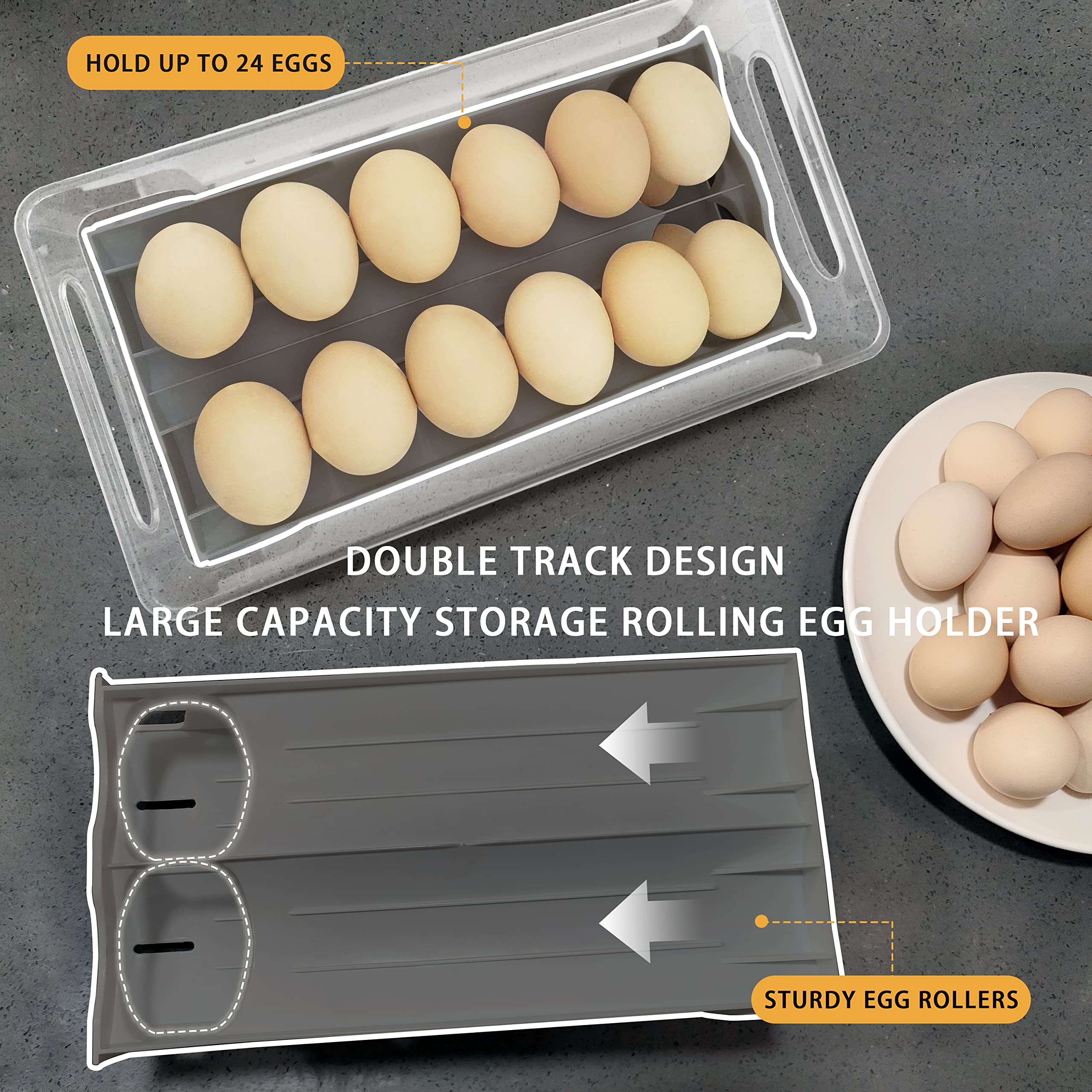 24-Count Automatic Rolling Egg Holder for Refrigerator - Space Saving Egg Dispenser & Storage Container - Kitchen Pantry Organization for Eggs - Perfect for Home, Restaurant, and Commercial Use (Gray)