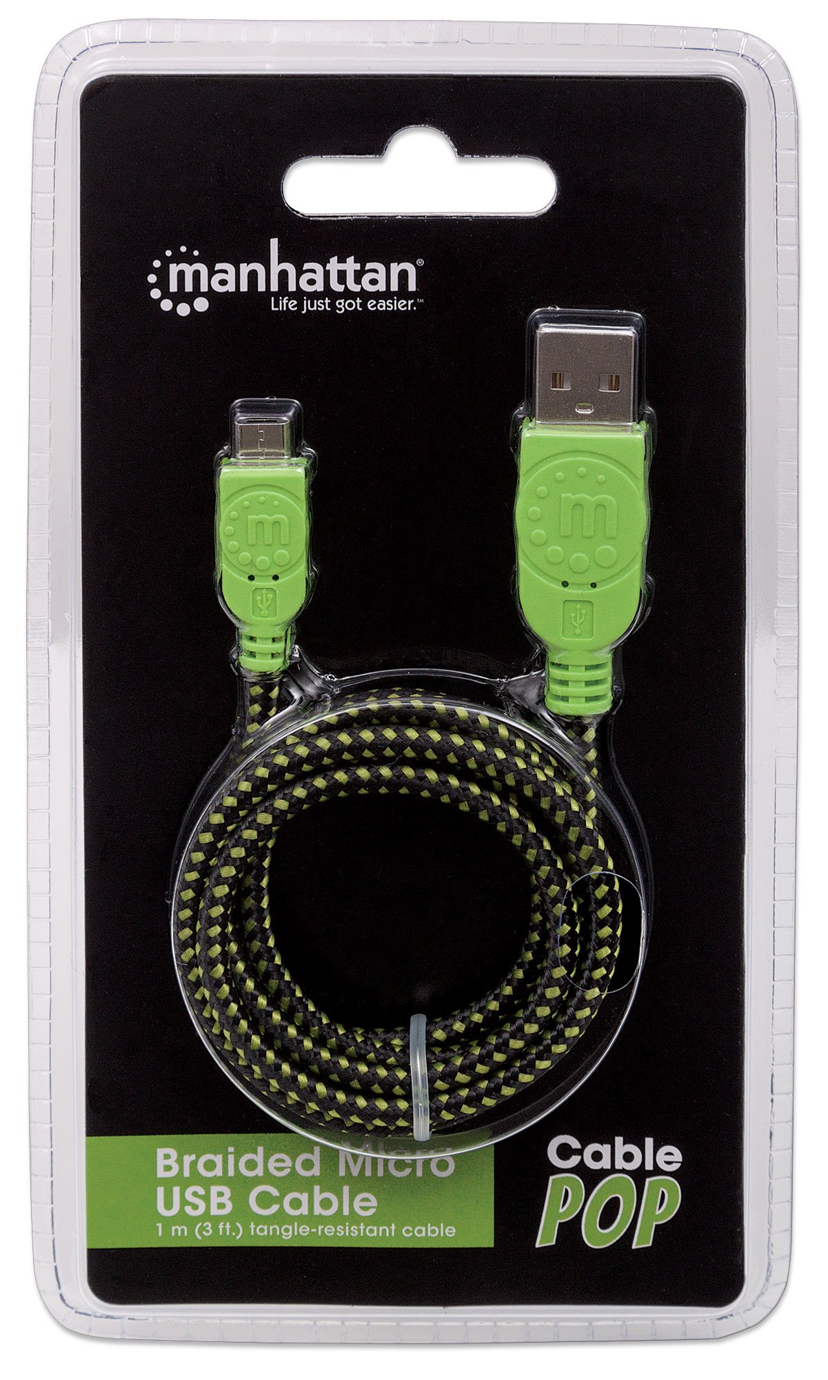 Premium MANHATTAN USB 2.0 Cable - A Male to Micro-B Male, 3ft (1m) High-Speed Charging & Data Sync Cable for Android Devices - Durable Black/Green Cord for Phones, Tablets & Power Banks