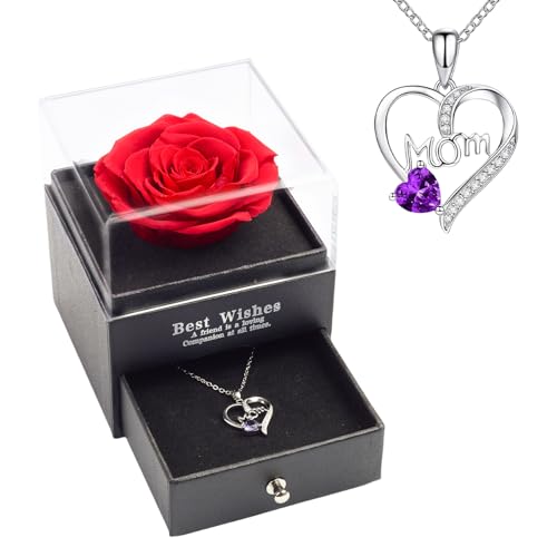 Black Preserved Roses Gifts Box With Purple Gemstone Mom Necklace