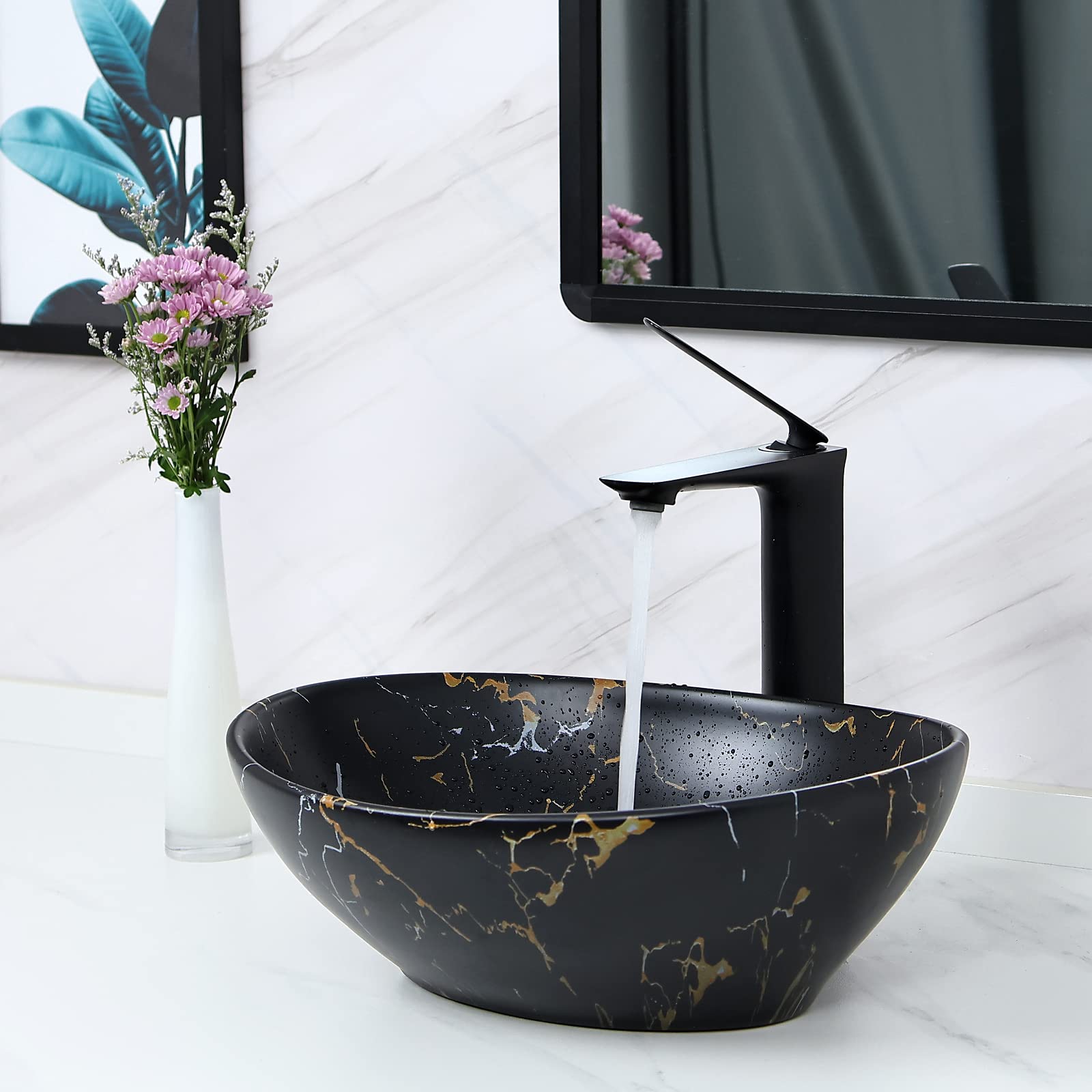 Davivy 16'' Matte Black Oval Vessel Sink - Ceramic Countertop Bathroom Sink for Modern Vanities