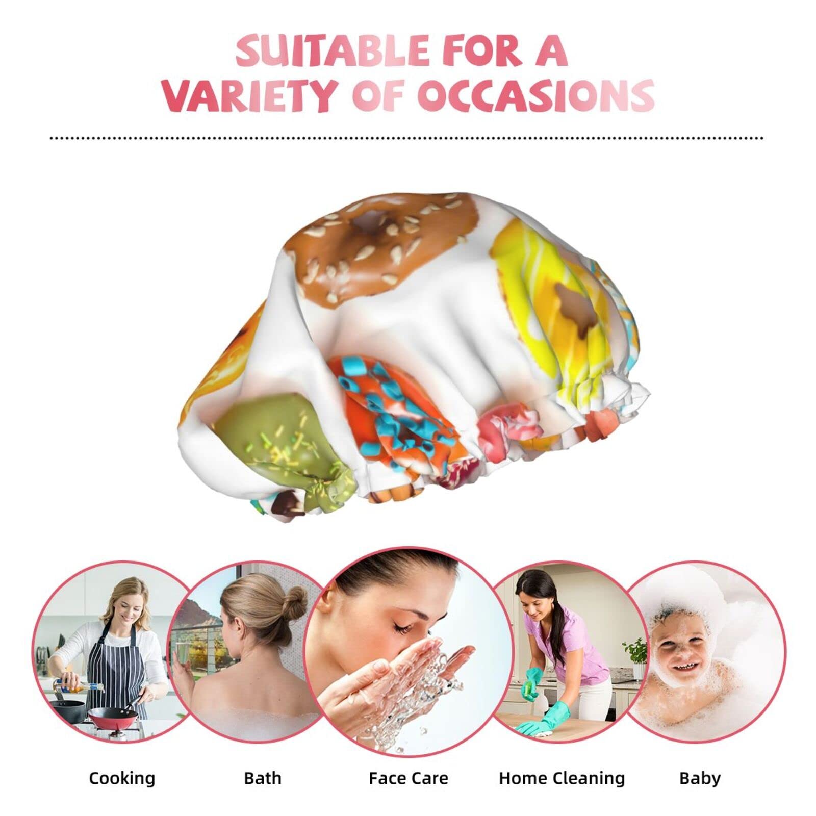 Different Flavors of Donuts Shower Cap for Women - Reusable & Double Waterproof Bathing Hair Cap for Shower - Perfect for Spa, Swimming, Hair Care & Beauty Routines