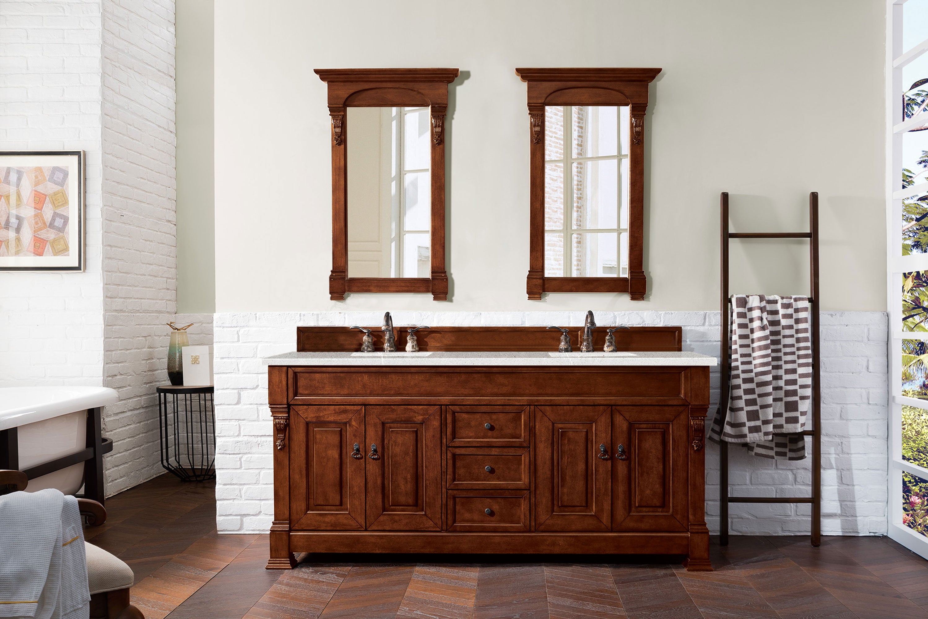 Brookfield 72-Inch Double Vanity with Warm Cherry Finish & 3CM Eternal Serena Quartz Countertop - Perfect for Master Bathroom & Luxury Home Renovation