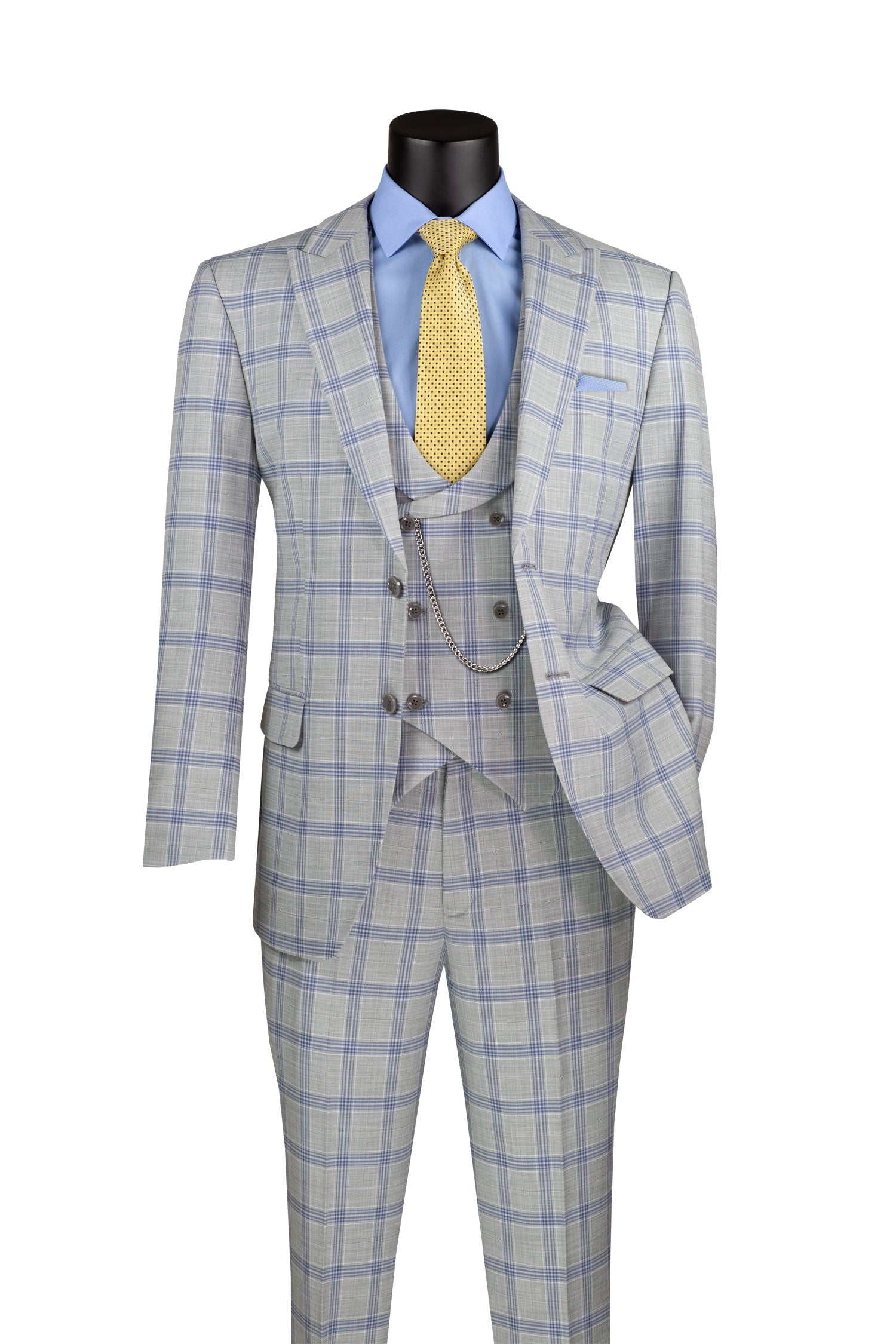 Venetian Collection Modern Fit Light Gray Windowpane 3-Piece Suit for Men | Business Formal Attire, Weddings & Special Occasions