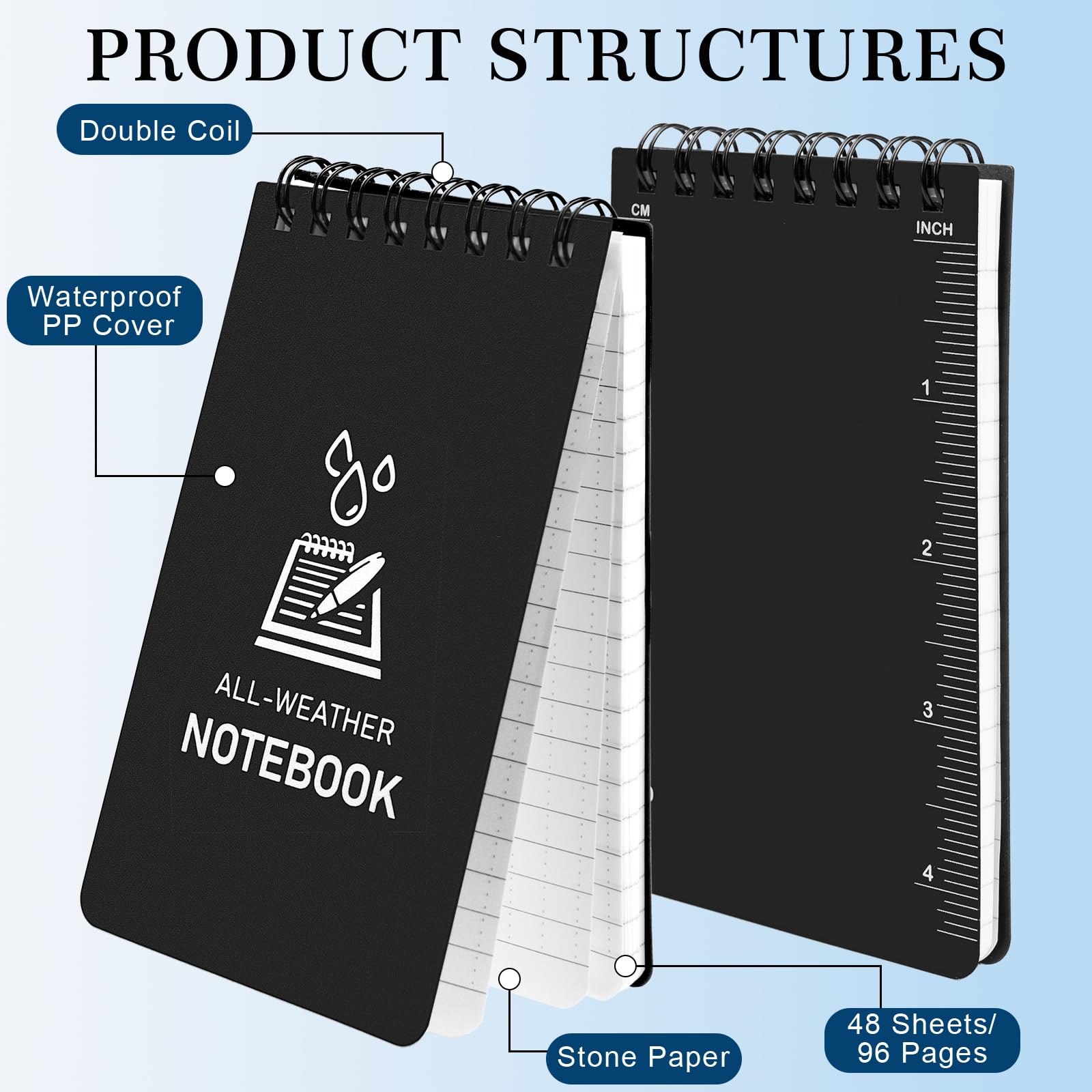 Waterproof Pocket Notebook Mini Notepads 3x5 Inches - 6 Pack All Weather Spiral Notepad for Writing in Rain | Durable Outdoor Journal for Camping, Hiking & Field Work | Perfect for Office, School & Home Use (Black Cover)