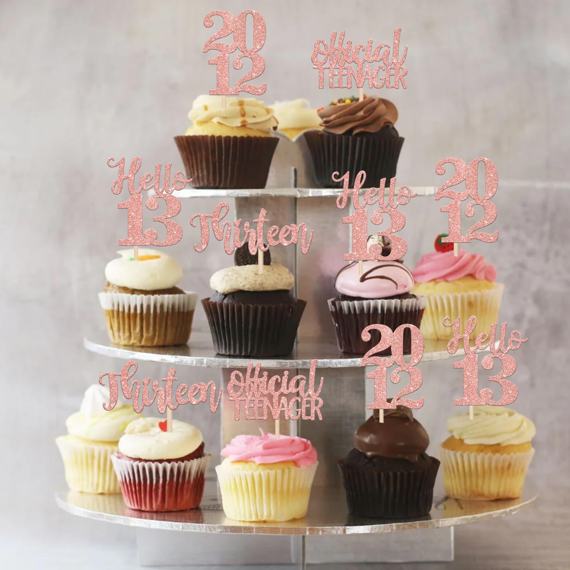 24 PCS Glitter Rose Gold 13th Birthday Cupcake Toppers - Hello Cheers 13 Thirteen Official Teenager Since 2012 - Cake Decorations for Happy 13th Birthday Party Supplies (Perfect for Teen Birthday Celebrations, Anniversary Parties & Cake Decorating)