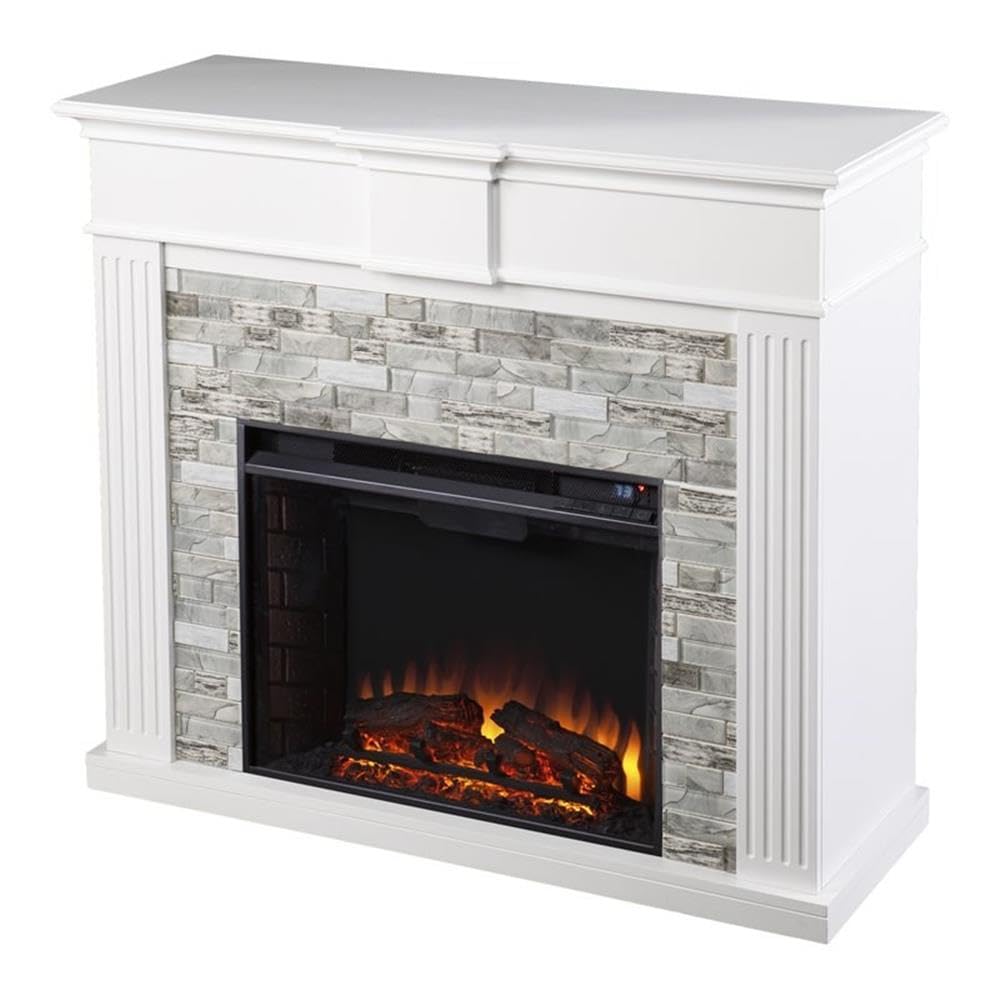 SEI Furniture Bondale Electric Fireplace with Faux Stone Surround in White - Cozy Indoor Heating for Living Room, Bedroom & Office