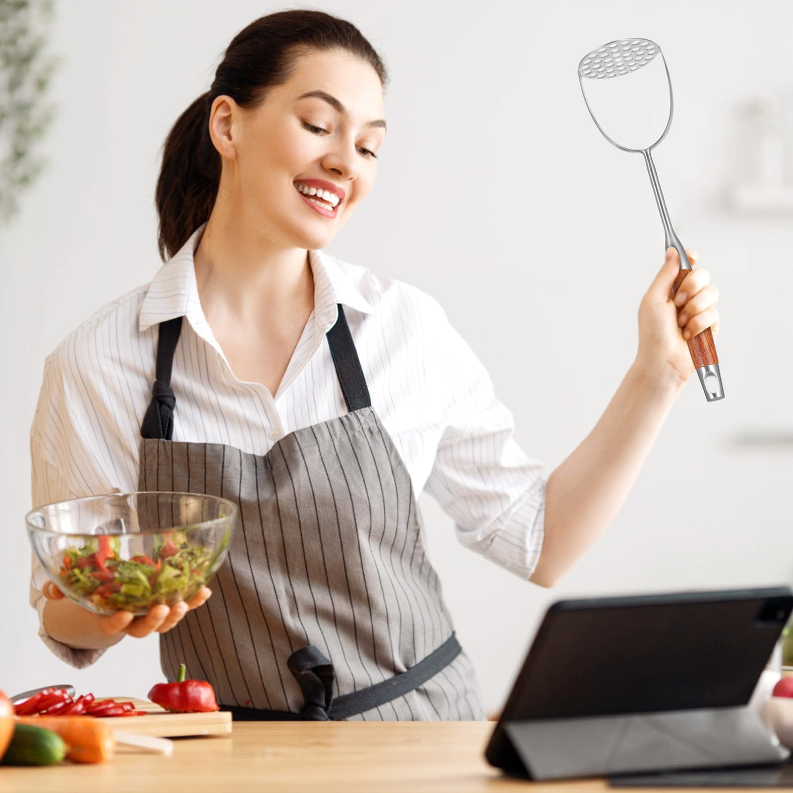 DOITOOL Heavy Duty Stainless Steel Potato Masher with Ergonomic Wooden Handle - Professional Kitchen Tool for Mashing Potatoes, Beans, Vegetables, Fruits, Avocados & Meat - Perfect for Home Cooking, Baking and Meal Prep