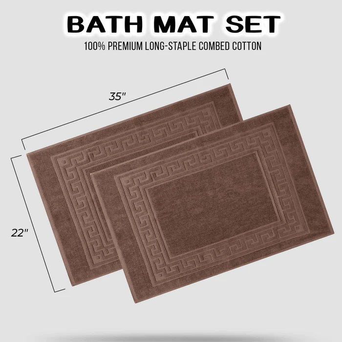 Premium Cotton 2-Piece Greek Key Border Bath Mat Set - Ultra Absorbent, Non-Slip Bathroom Rug - Perfect for Modern Bathrooms, Master Suites & Spa-Like Retreats