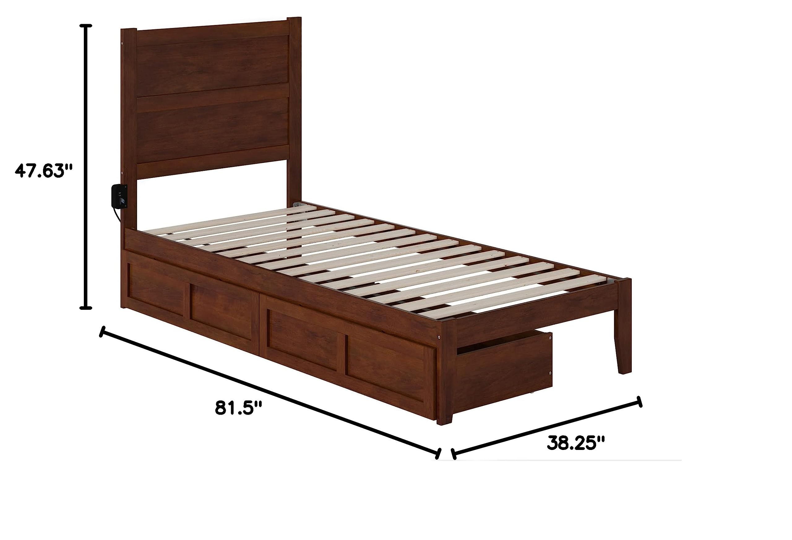 AFI NoHo Twin XL Platform Bed with Storage Drawers & USB Charging Station - Walnut Finish Space-Saving Bed Frame for Small Bedrooms, Dorms & Studio Apartments