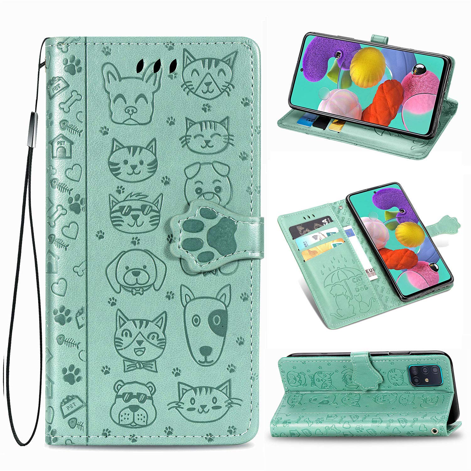 Samsung Galaxy A51 Wallet Case with Card Holder - Cute Cat & Dog Cartoon PU Leather Flip Cover with Kickstand (Not for 5G Model) - Perfect for Women's Daily Use, Commuting & Travel Accessories (MG Green)