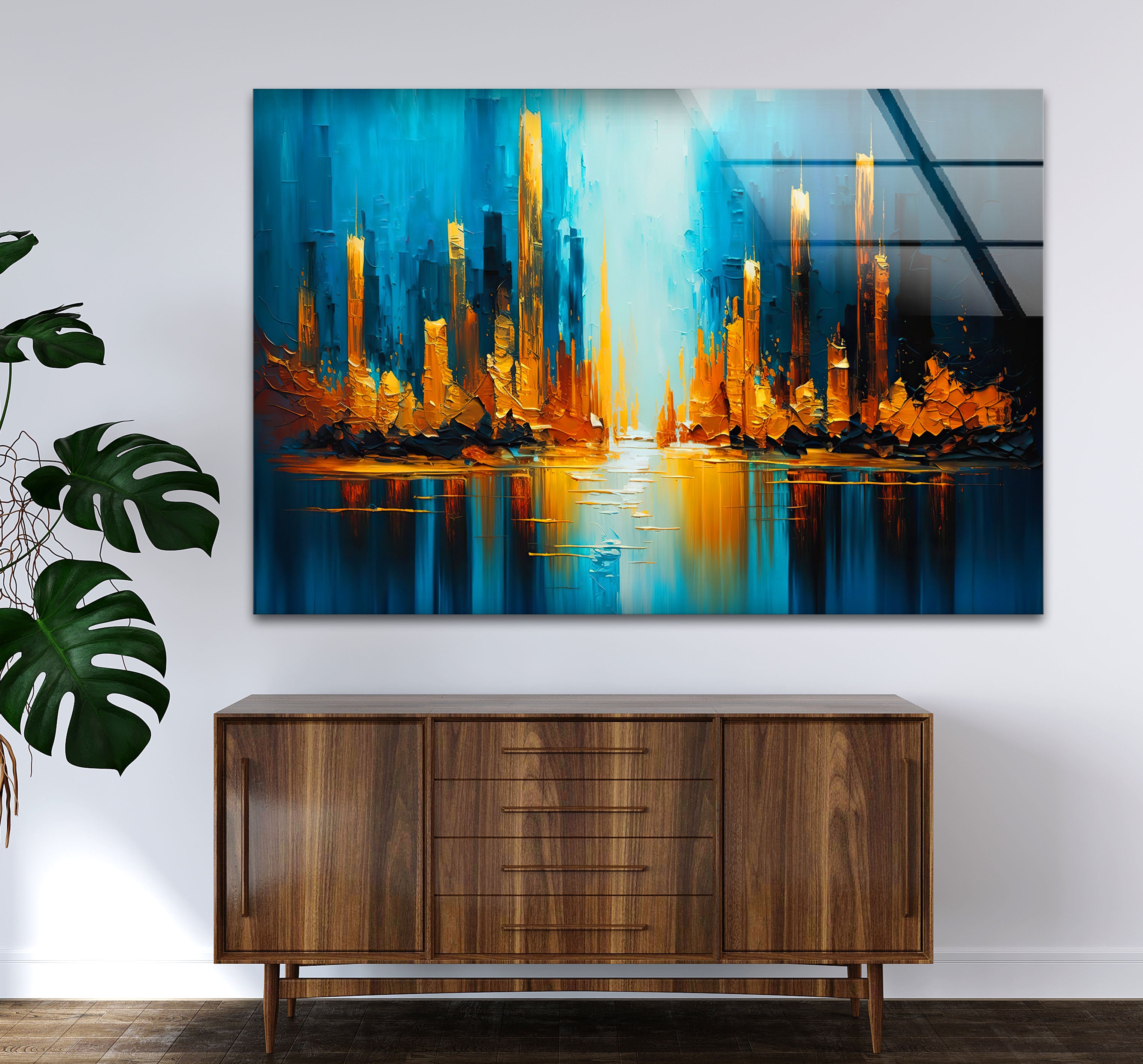 Blue and Gold Abstract City Wall Art - Vibrant Skyline Glass Print Canvas for Living Room & Office Decor | Modern Urban Landscape Painting