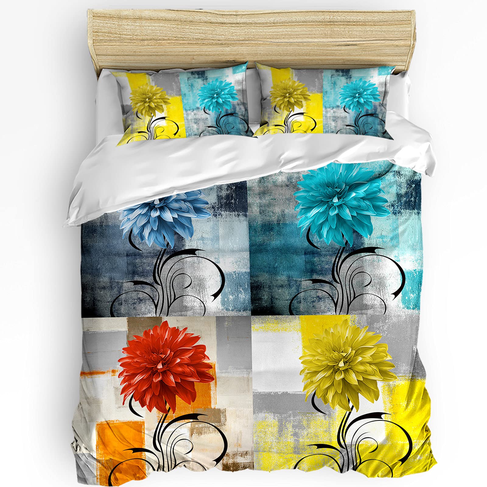 Zadaling 3-Piece Twin Size Duvet Cover Set - Aqua Orange Gray White Dahlia Flowers Printed Comforter Cover with Zipper Closure & Corner Ties, Includes 1 Duvet Cover & 2 Pillow Shams | Soft Bedding for Kids Room, Guest Bedroom & Dorm Decor