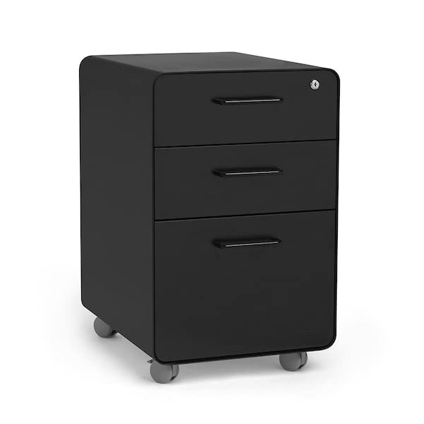 Black Poppin Stow 3-Drawer Rolling File Cabinet with 2 Utility Drawers & Hanging File Drawer - Locking Wheels, Powder-Coated Steel - Perfect for Office Organization & Document Storage