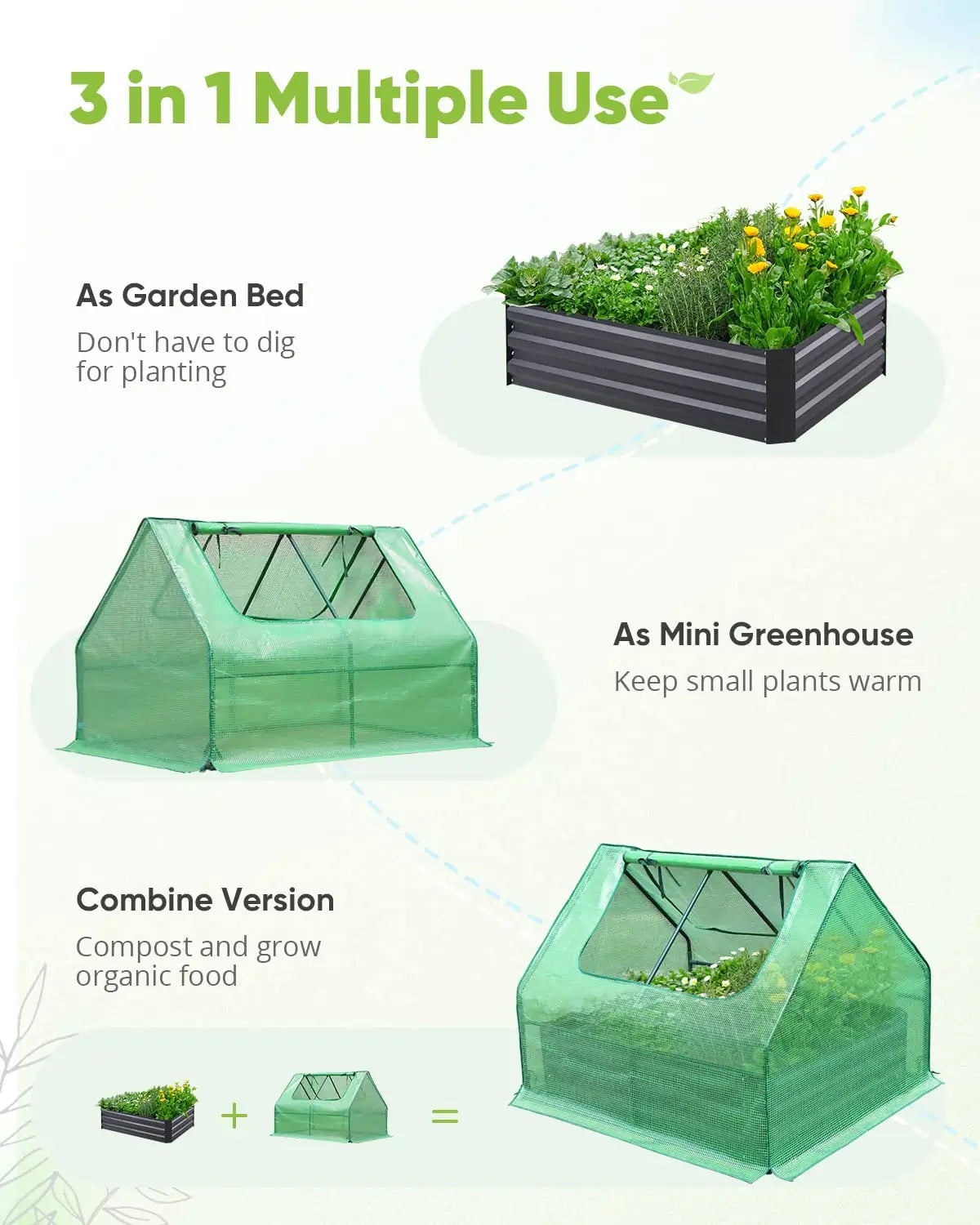 4' x 3' x 1' Galvanized Steel Raised Garden Bed with Cover - Green Outdoor Planter Box for Vegetables, Flowers & Herbs - Perfect for Backyard, Patio & Urban Gardening