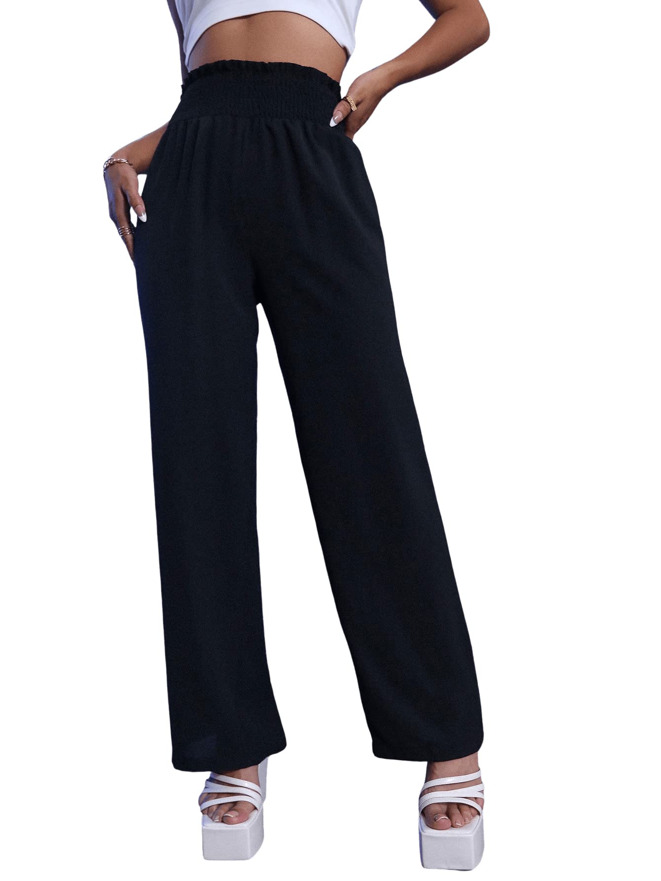 SweatyRocks Women's High Waist Wide Leg Pants - Loose Paper Bag Waist Solid Casual Trousers for Work, Office & Everyday Wear