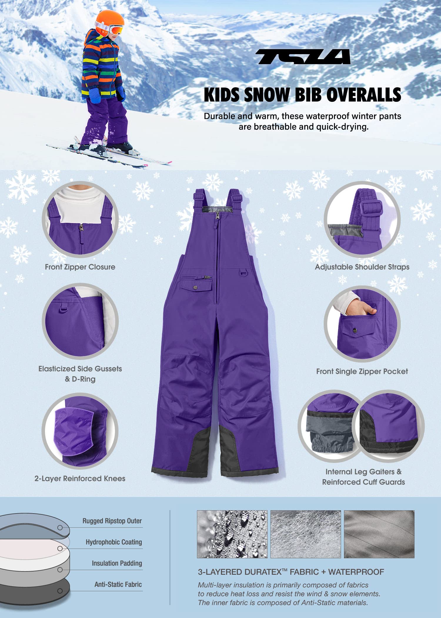 TSLA Kids Winter Snow Bibs - Waterproof Insulated Snowboard Overalls for Boys & Girls, Windproof Ripstop Ski Pants - Perfect for Snowboarding, Skiing & Outdoor Winter Activities