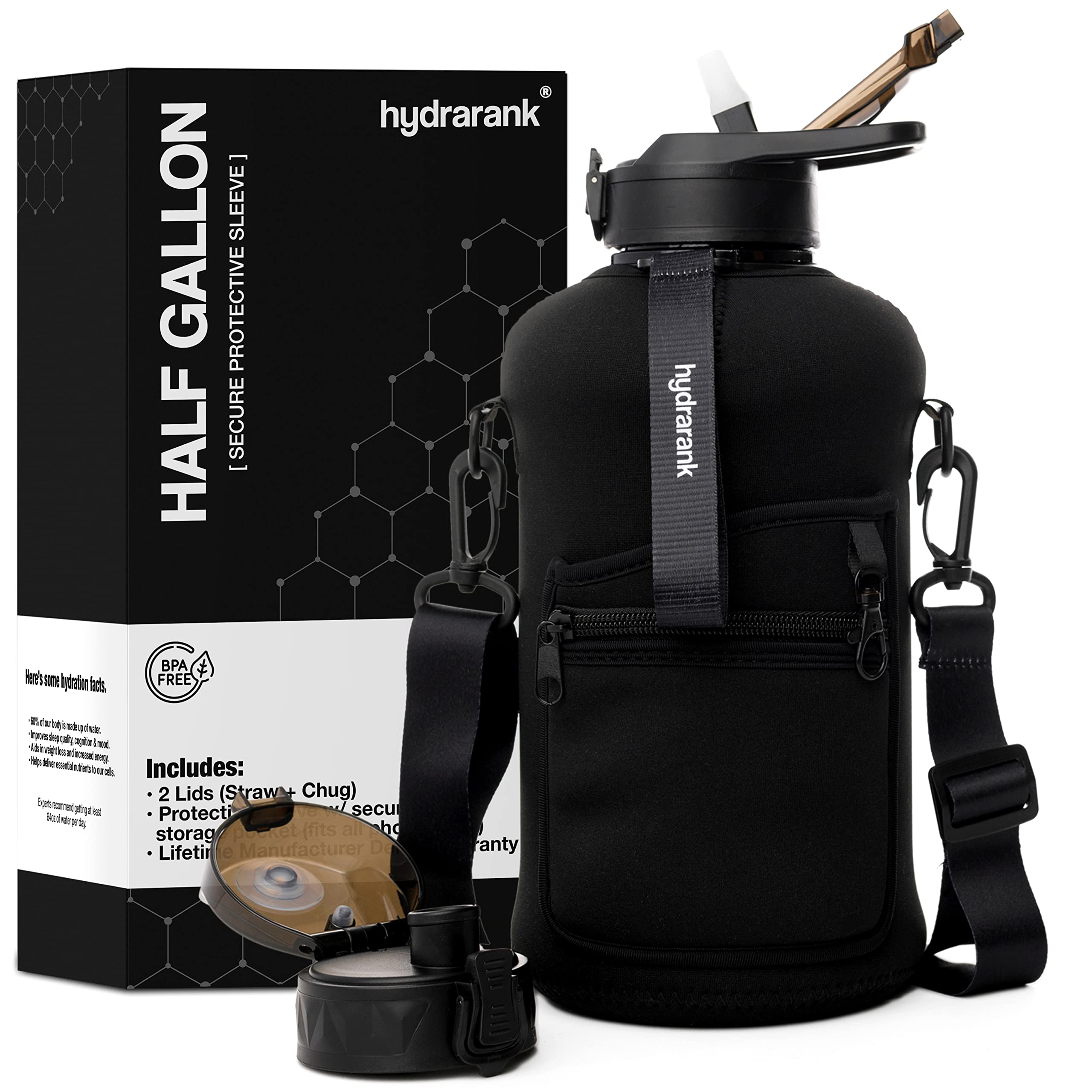 HYDRARANK 2.2L Half Gallon Water Bottle with Straw Lid - BPA Free Sports Jug for Gym, Hiking & Work