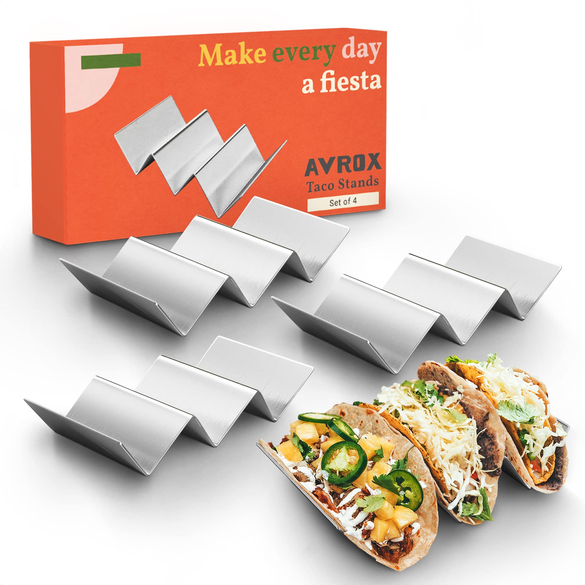 4-Pack Stainless Steel Taco Holder Stand - Truck Tray Style Taco Rack (Holds 3 Tacos Each) - 8