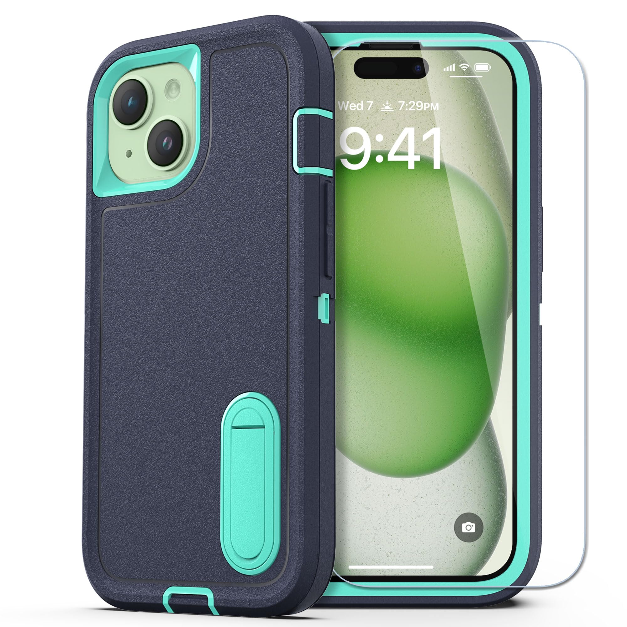 ULAK Heavy Duty Shockproof iPhone 15 Case with Built-in Kickstand | Dust Proof Protective Hard Cover for iPhone 15 6.1 Inch (Navy Blue) | Perfect for Outdoor Activities, Work & Travel