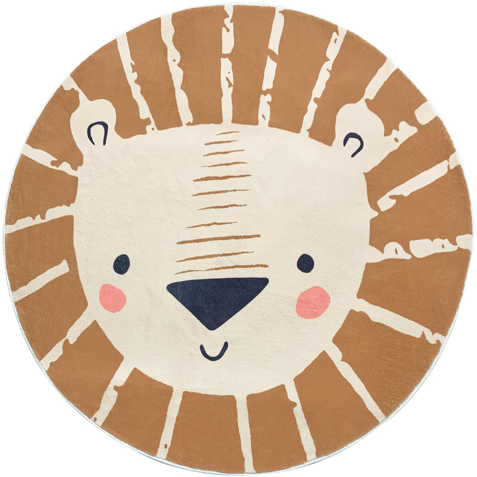 ABREEZE 4ft Lion Round Kids Play Rug - Soft Plush Non-Slip Nursery Door Mat for Children's Bedroom, Living Room & Playroom (Brown) - Perfect for Playtime, Learning & Cozy Floor Activities