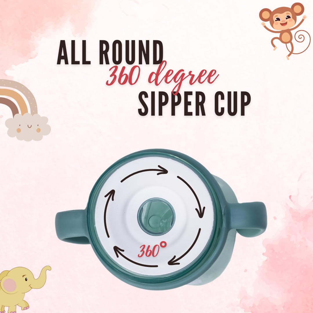 Adore Magic 360 Spoutless Sipper Cup with Handle | Leak-Proof Baby Water Bottle for 6-12 Months | Anti-Spill Straw Cup for Toddlers & Kids | BPA-Free Training Cup for Boys & Girls (250ml, Green) | Perfect for Daycare, Travel & Learning to Drink Independently