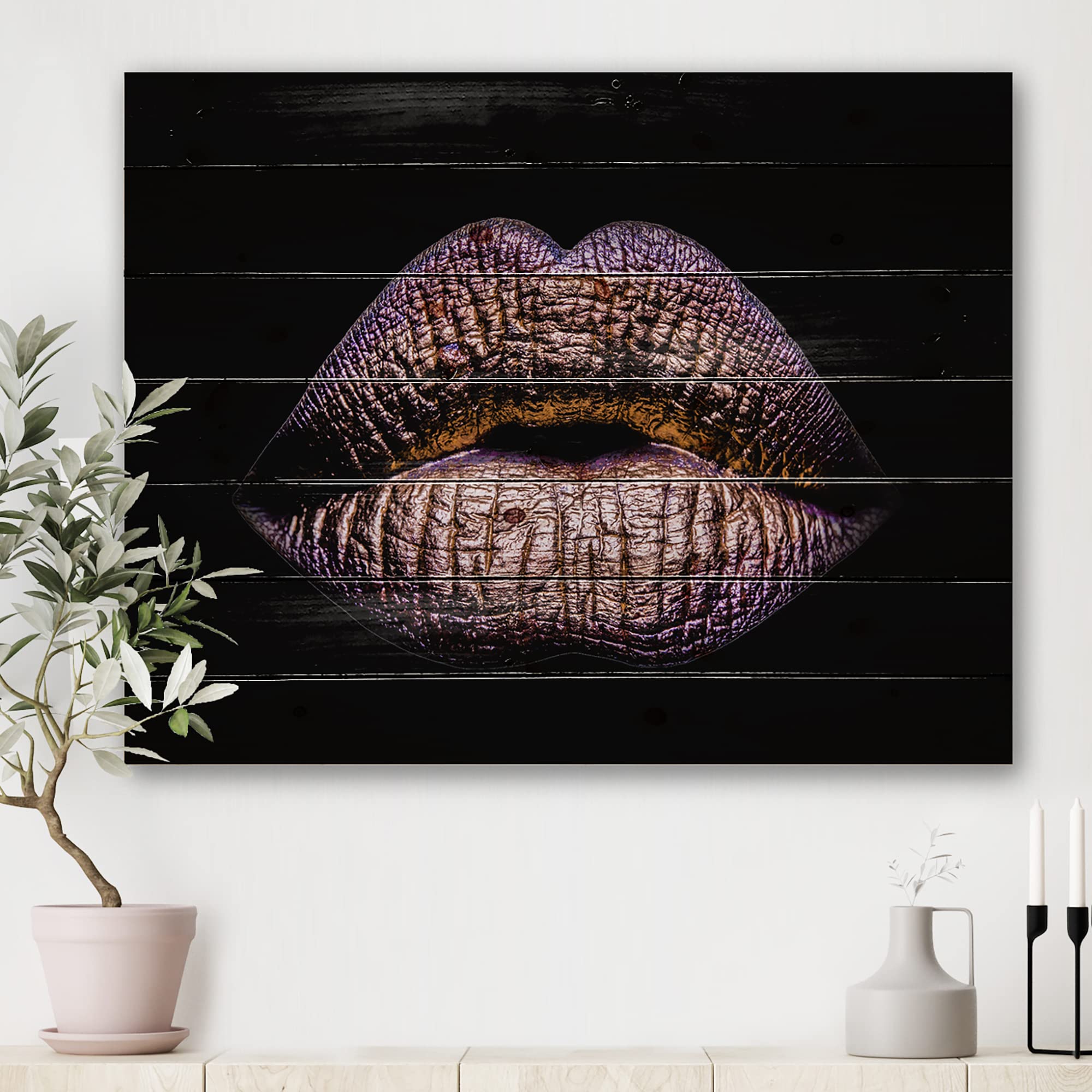 Golden Lips Wood Wall Art - Modern Purple Pine Decor for Living Room