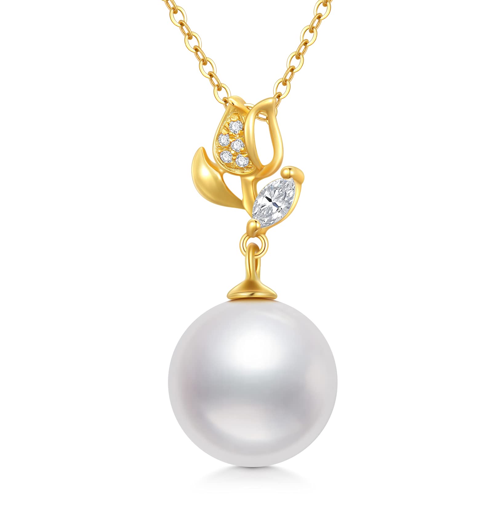 14K Real Gold Pearl Necklace for Women - Rose Flower Pendant with Freshwater Cultured Pearls, 16+2 Inch Elegant Jewelry Gift for Mom, Wife, Girlfriend | Perfect for Mother's Day, Anniversary, Birthday & Special Occasions