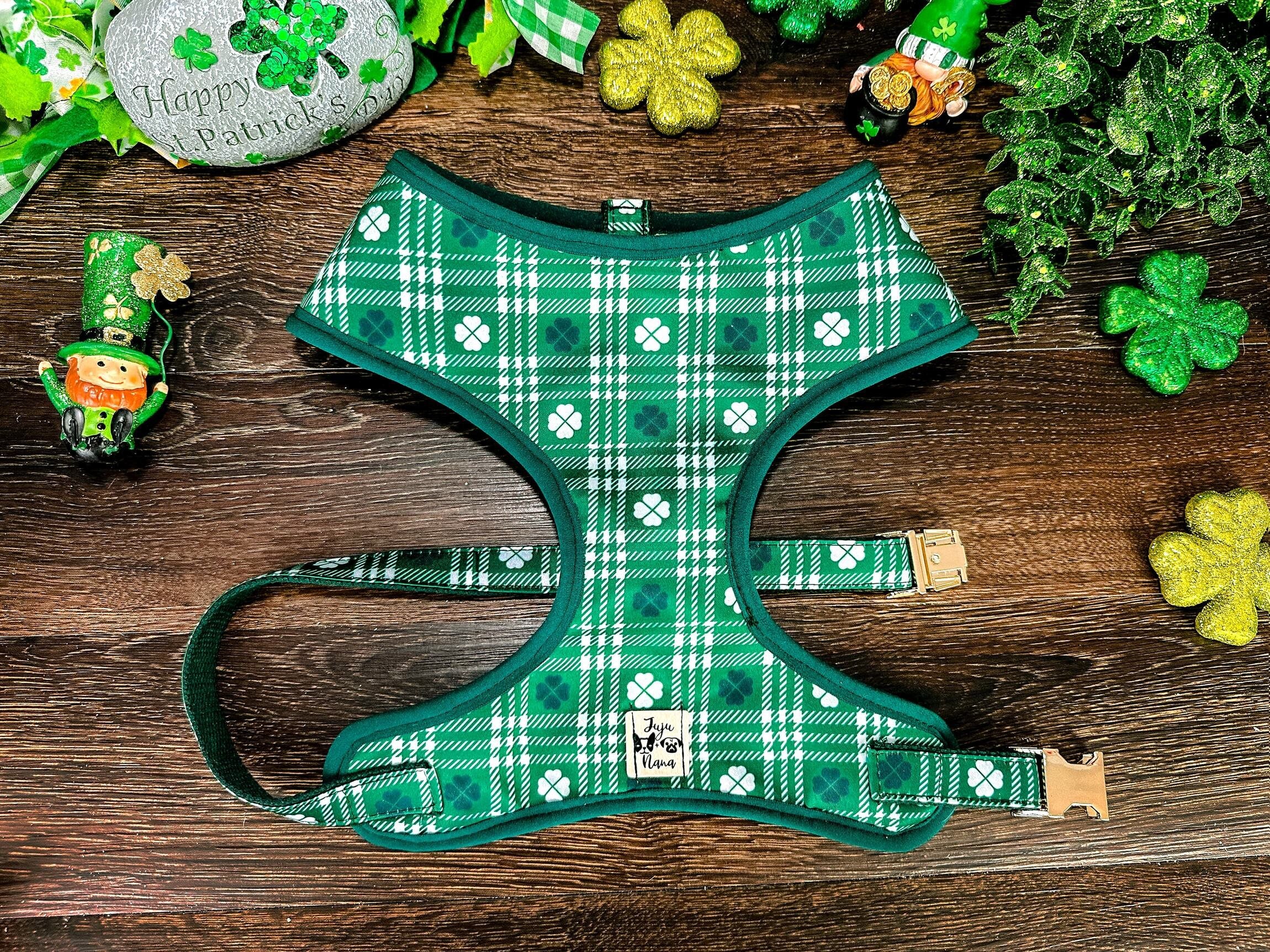 St. Patrick's Day Dog Harness - Green Plaid with Shamrock Design | Adjustable Pet Vest for Small to Medium Dogs | Perfect for St. Patrick's Day Parades & Festivals