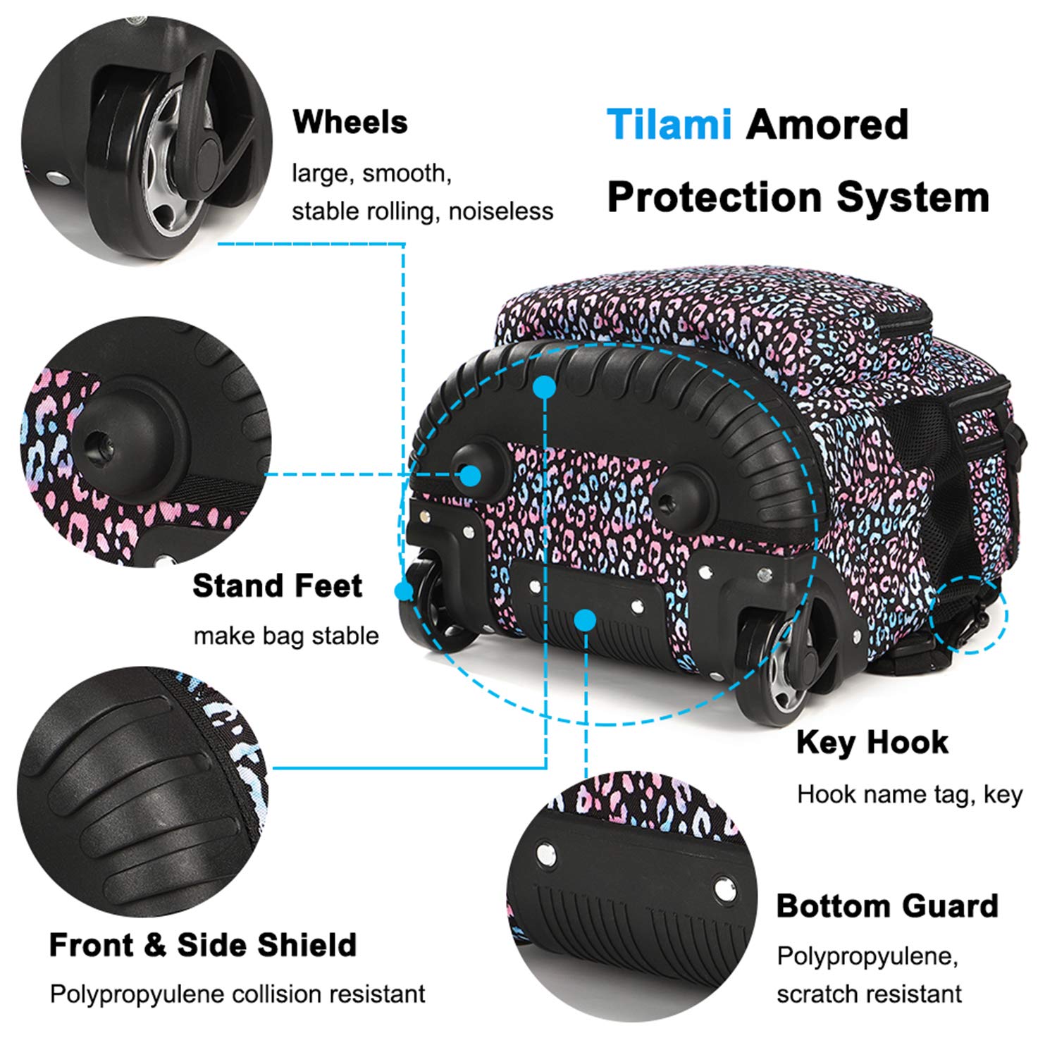 Tilami 19 Inch Rolling Backpack with Lunch Bag - Wheeled Laptop Backpack for School, Travel & Work - Durable Carry-On with Wheels (Colorful Leopard Print)