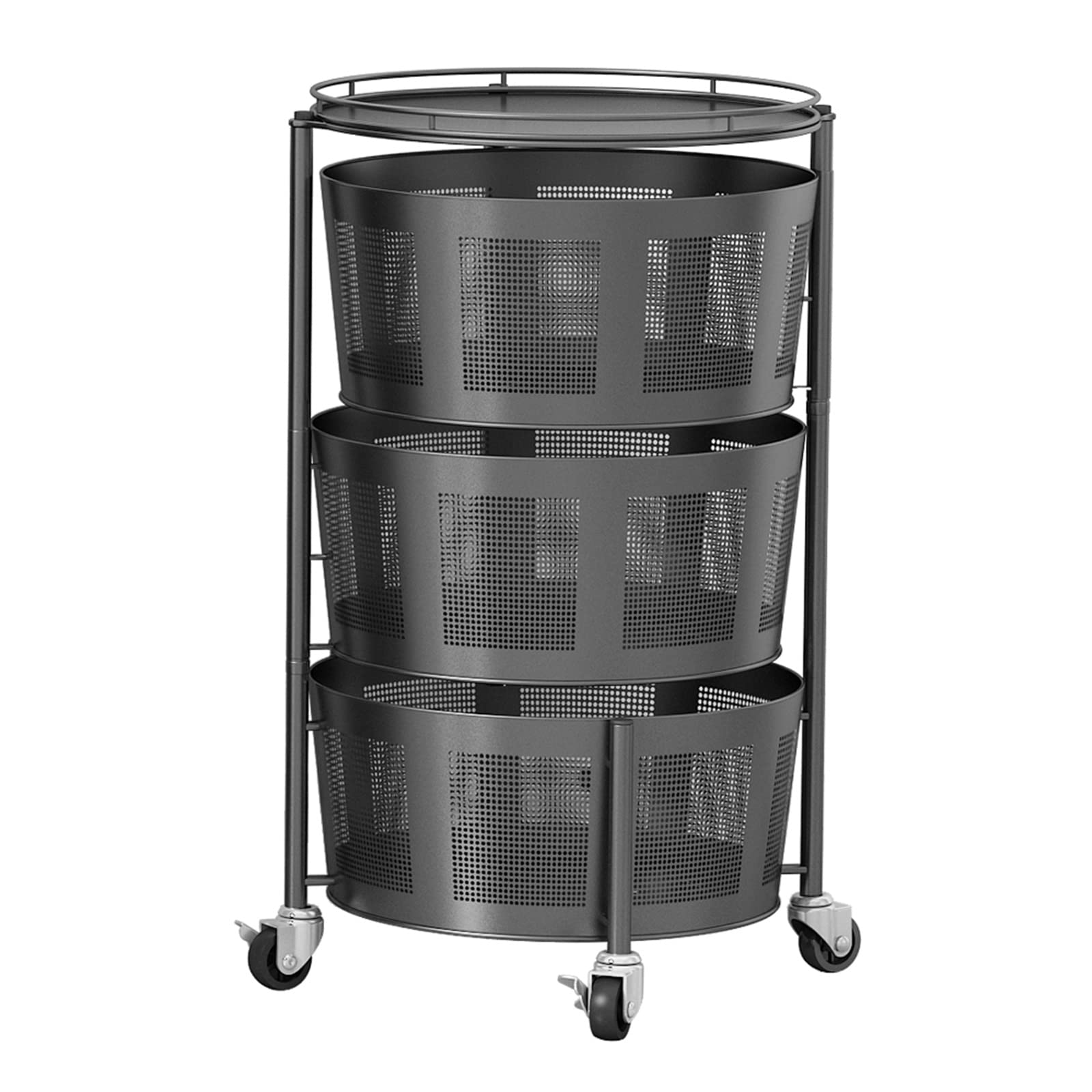 3-Tier Rotating Kitchen Storage Rack with Wheels - Round Spinning Organizer Shelf for Vegetables, Fruits & Pantry Items - Space-Saving Floor Standing Storage Basket for Kitchen, Living Room & Bathroom - Black (Perfect for Small Spaces & Clutter-Free Organization)