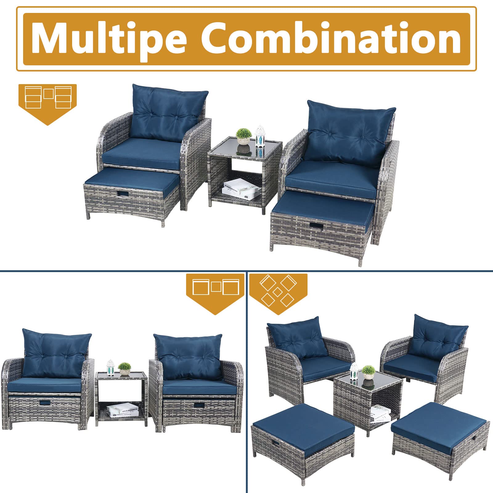 5-Piece All-Weather PE Rattan Outdoor Patio Furniture Set with Ottoman - Wicker Conversation Chairs for Poolside, Garden, Balcony & Backyard (Blue) - Perfect for Relaxing, Entertaining & Outdoor Lounging