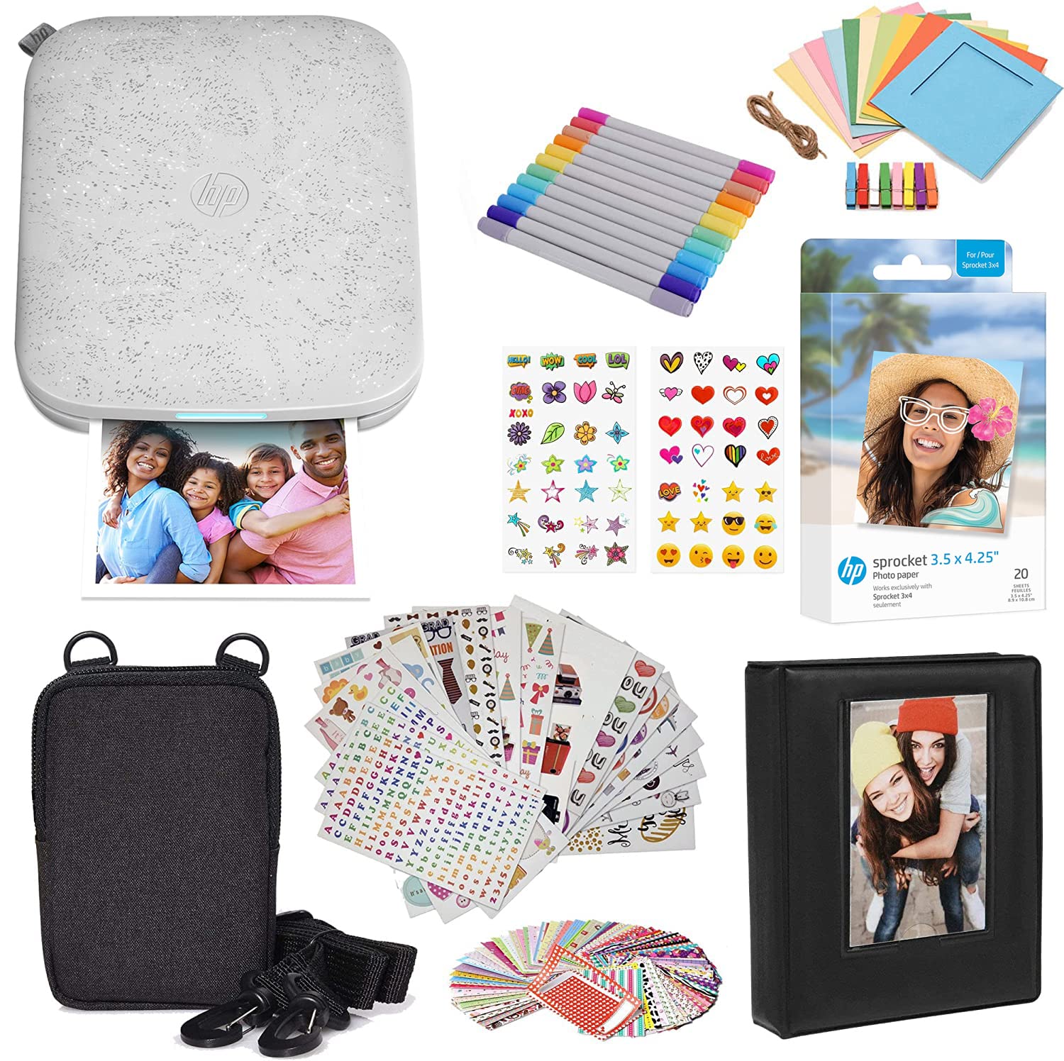 HP Sprocket 3x4 Instant Photo Printer Kit - Includes 20 Zink Photo Papers, Protective Case, Photo Album, Markers & Sticker Sets | Perfect for Travel, Scrapbooking & DIY Gifts