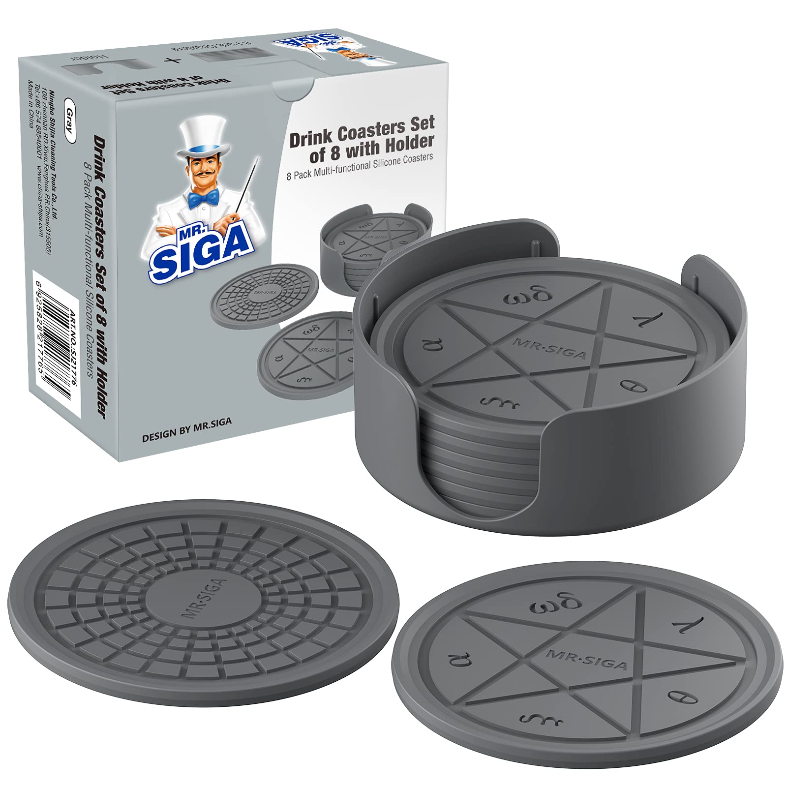MR.SIGA Reusable Silicone Drink Coasters Set of 8 with Holder - 4 Inch Non-Slip Gray Coasters for Coffee, Wine, Beer - Perfect for Home, Office, Bar & Party Use