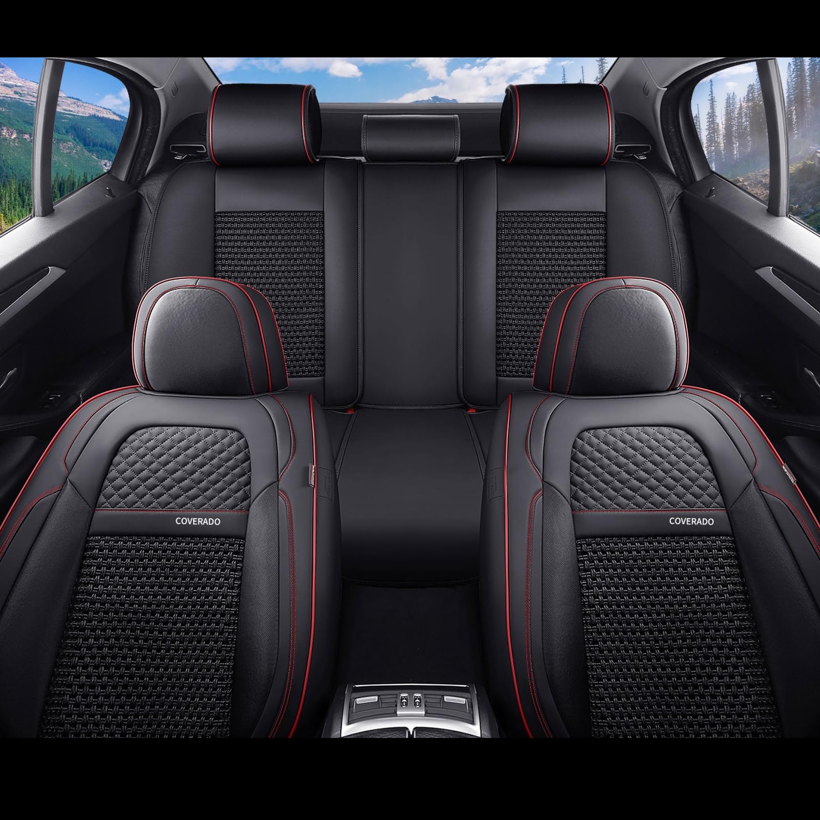 Premium Universal Car Seat Covers Full Set (5-Piece) - Breathable Leather-Woven Design for Front & Back Seats | Perfect Fit for Most Vehicles in Black & Red | Ideal for Daily Commuting, Road Trips & Family Protection