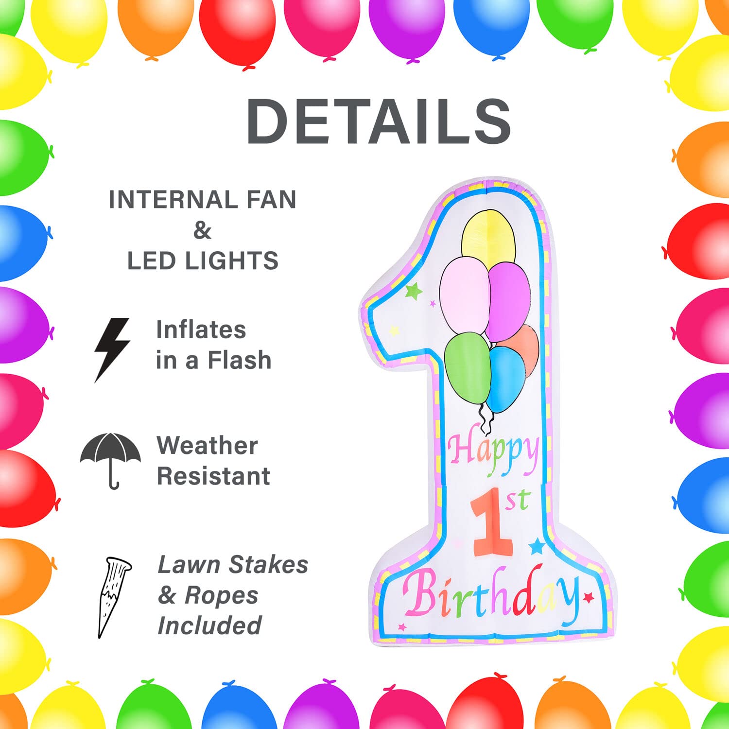 Fraser Hill Farm 8-Ft First Birthday Inflatable with LED Lights & Storage Bag - Baby's 1st Birthday Party Decorations for Outdoor & Indoor Celebrations - Perfect for Milestone Birthdays, Backyard Parties, and Festive Events