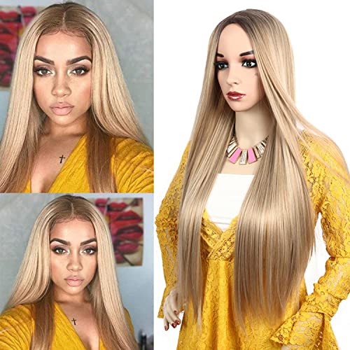 LuoLeiNa 24 Inch Long Blonde Straight Synthetic Wig for Women - Middle Part Heat Resistant Natural Looking Hair Replacement - Perfect for Halloween, Cosplay, Parties & Daily Wear