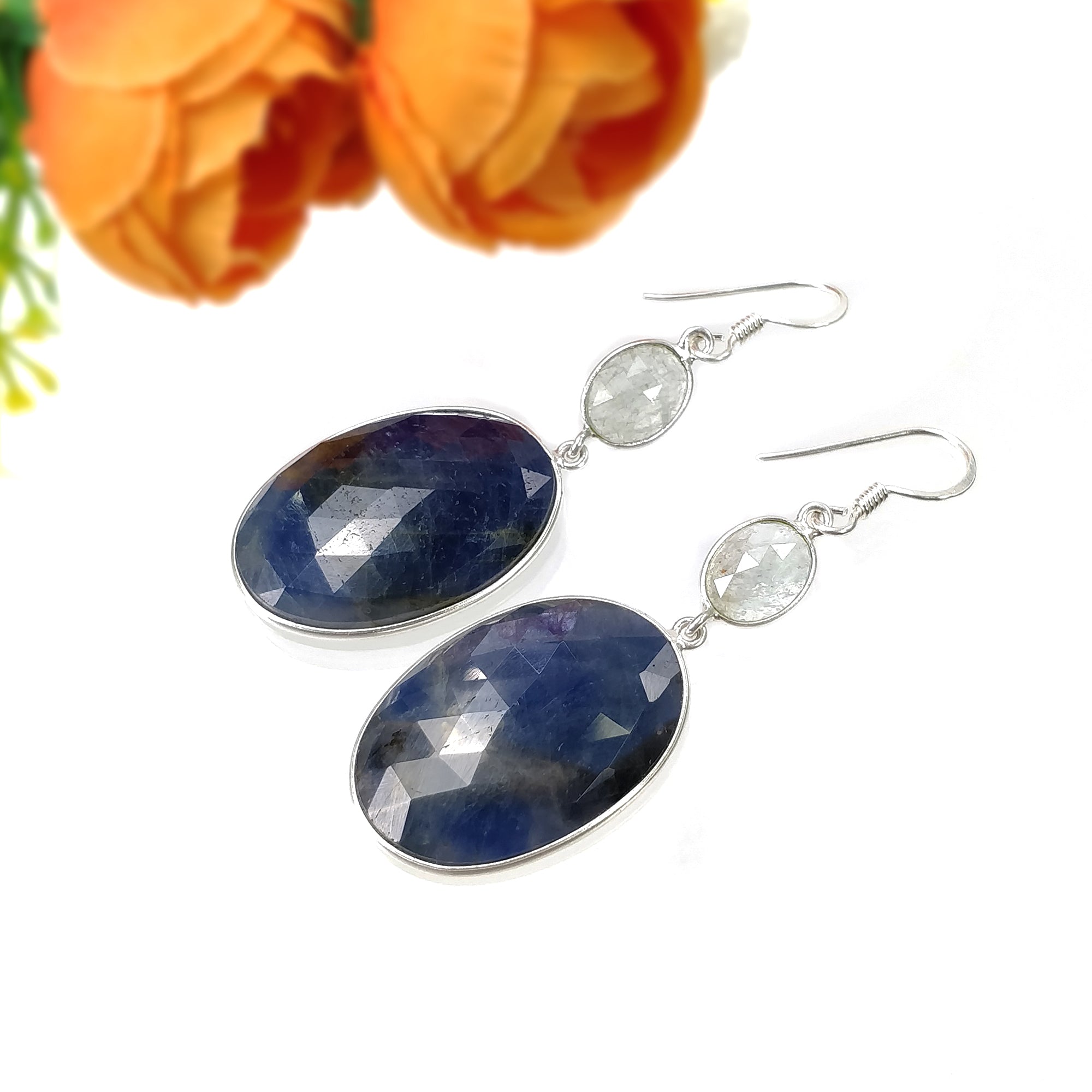 Natural Blue Sapphire & Aquamarine Gemstone Earrings - 14.56gms Genuine Sapphire in 925 Sterling Silver Drop Dangle Bezel Setting - Elegant Jewelry for Women - Perfect for Weddings, Parties & Special Occasions