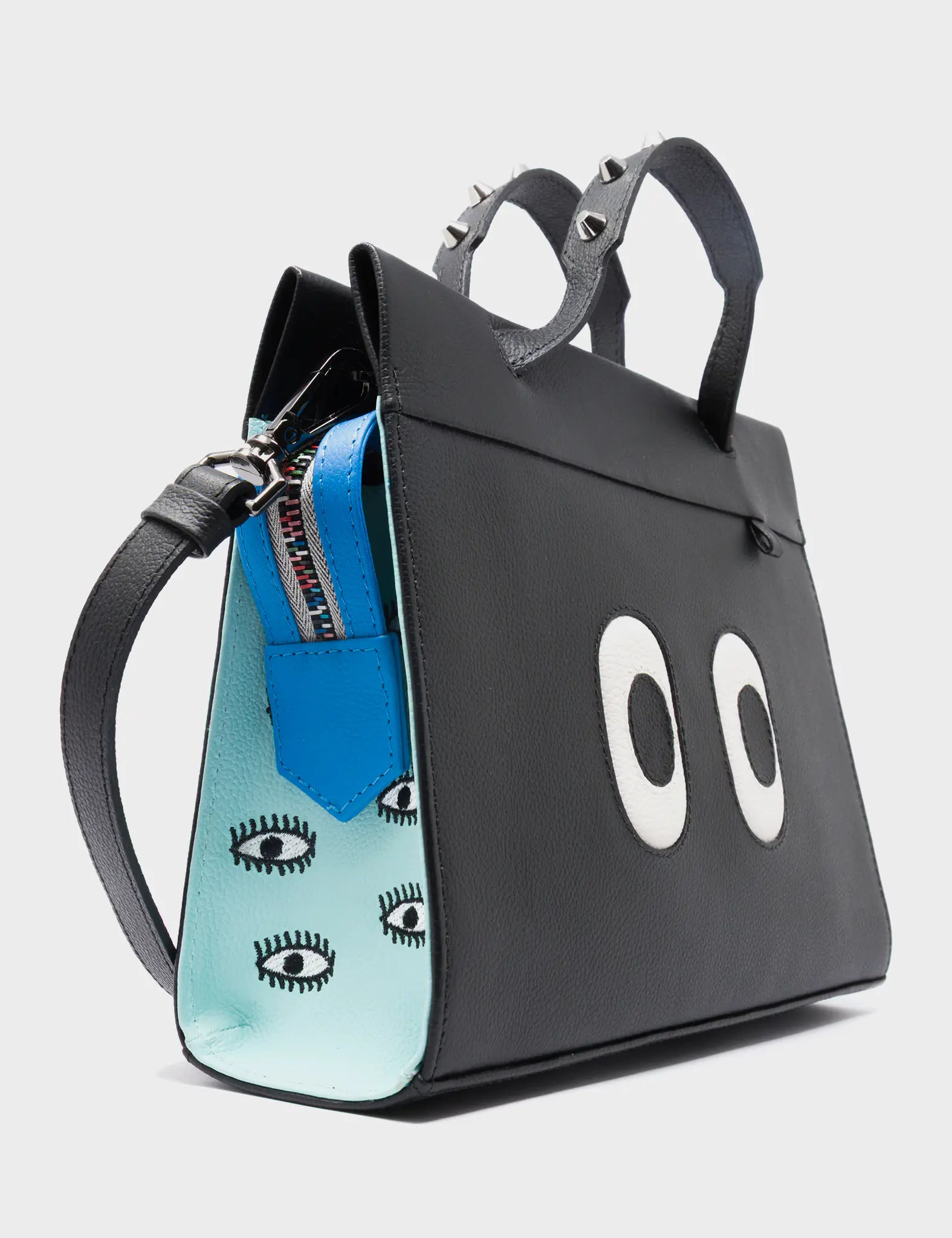 Vali Crossbody Small Black & Water Ballet Blue Leather Bag with All Over Eyes Embroidery - Perfect for Women's Fashion Accessories, Everyday Use & Travel Essentials