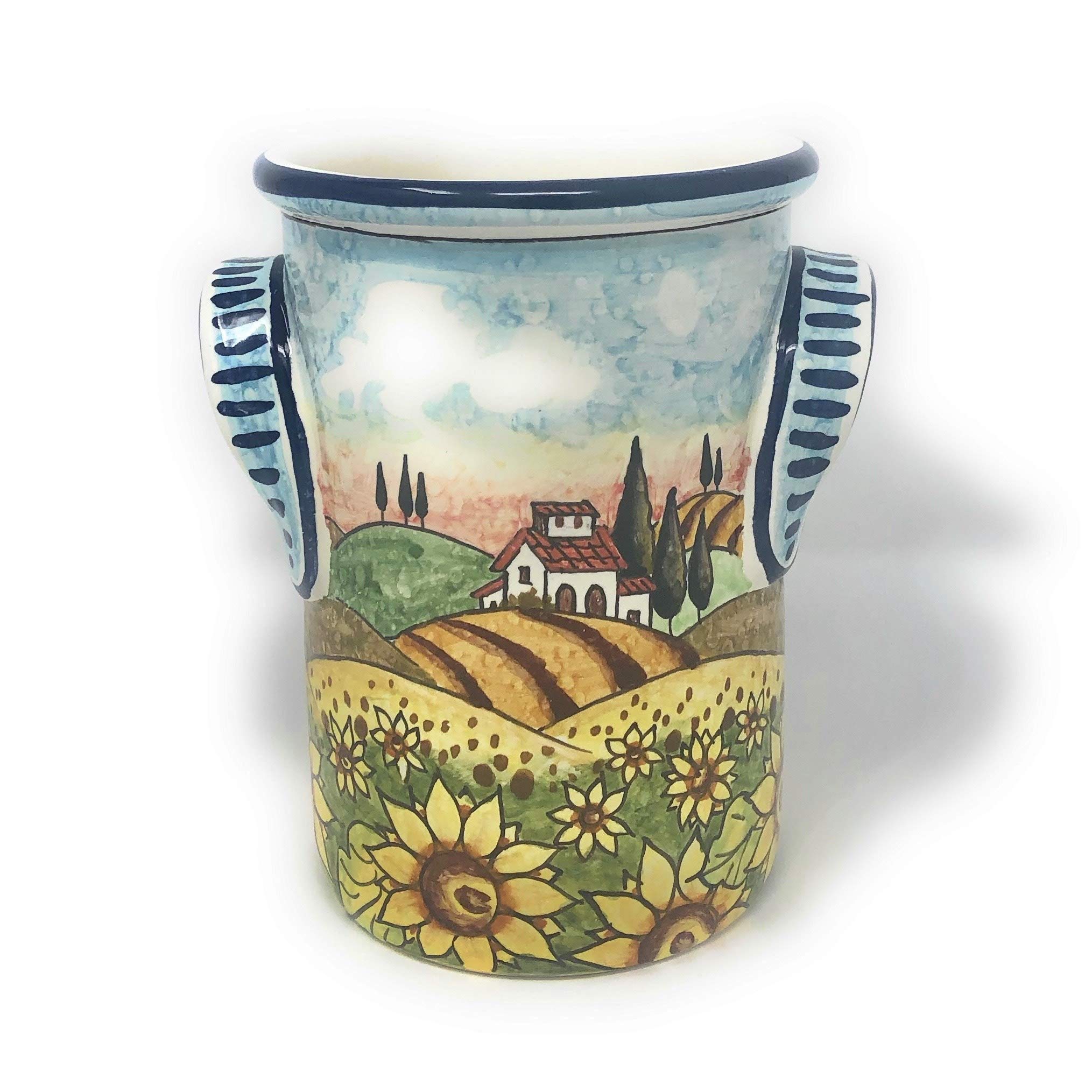 Hand-Painted Italian Ceramic Utensil Holder & Wine Bottle - Tuscan Sunflower Landscape Art Pottery, Made in Italy | Perfect for Kitchen Decor, Wine Storage & Tuscan-Themed Home Décor